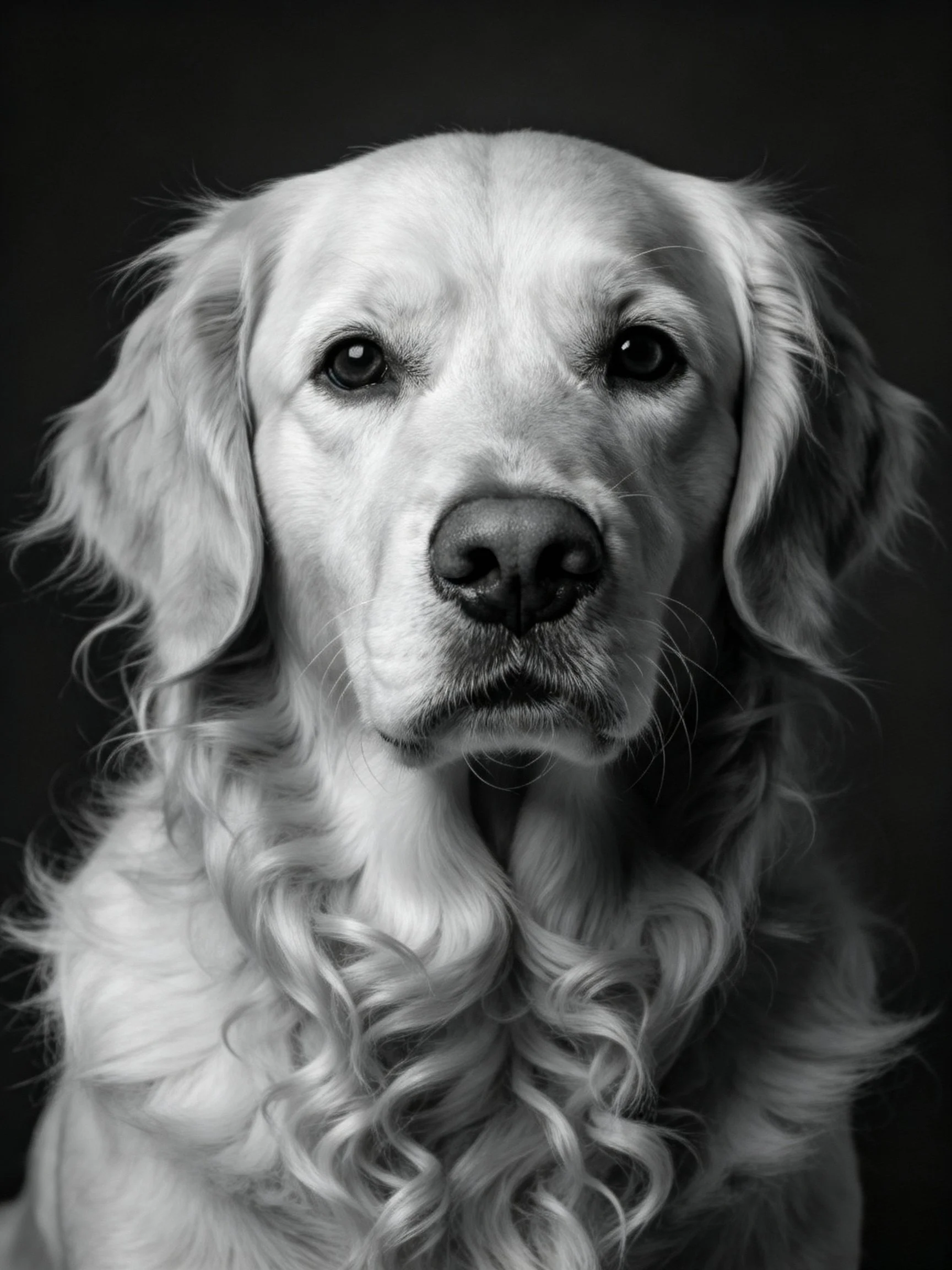Black and white close-up of a golden retriever highlighting its fur details