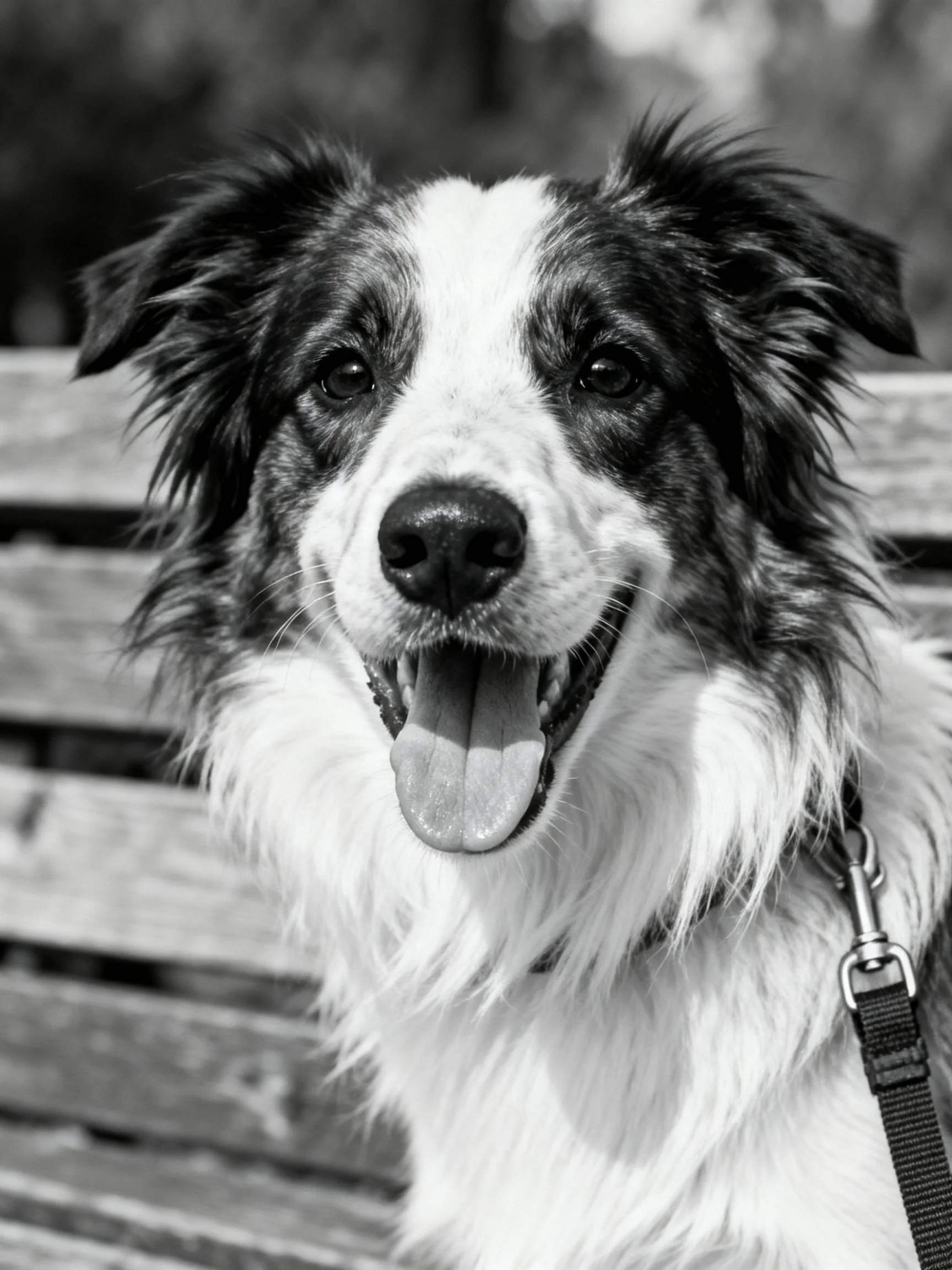 Black and white portrait of a happy collie dog with tongue out
