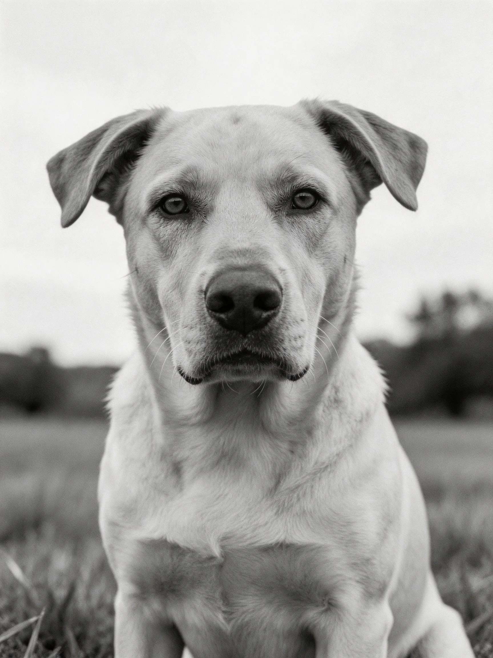 A black - and - white photograph shows a medium - sized dog sitting outdoors.