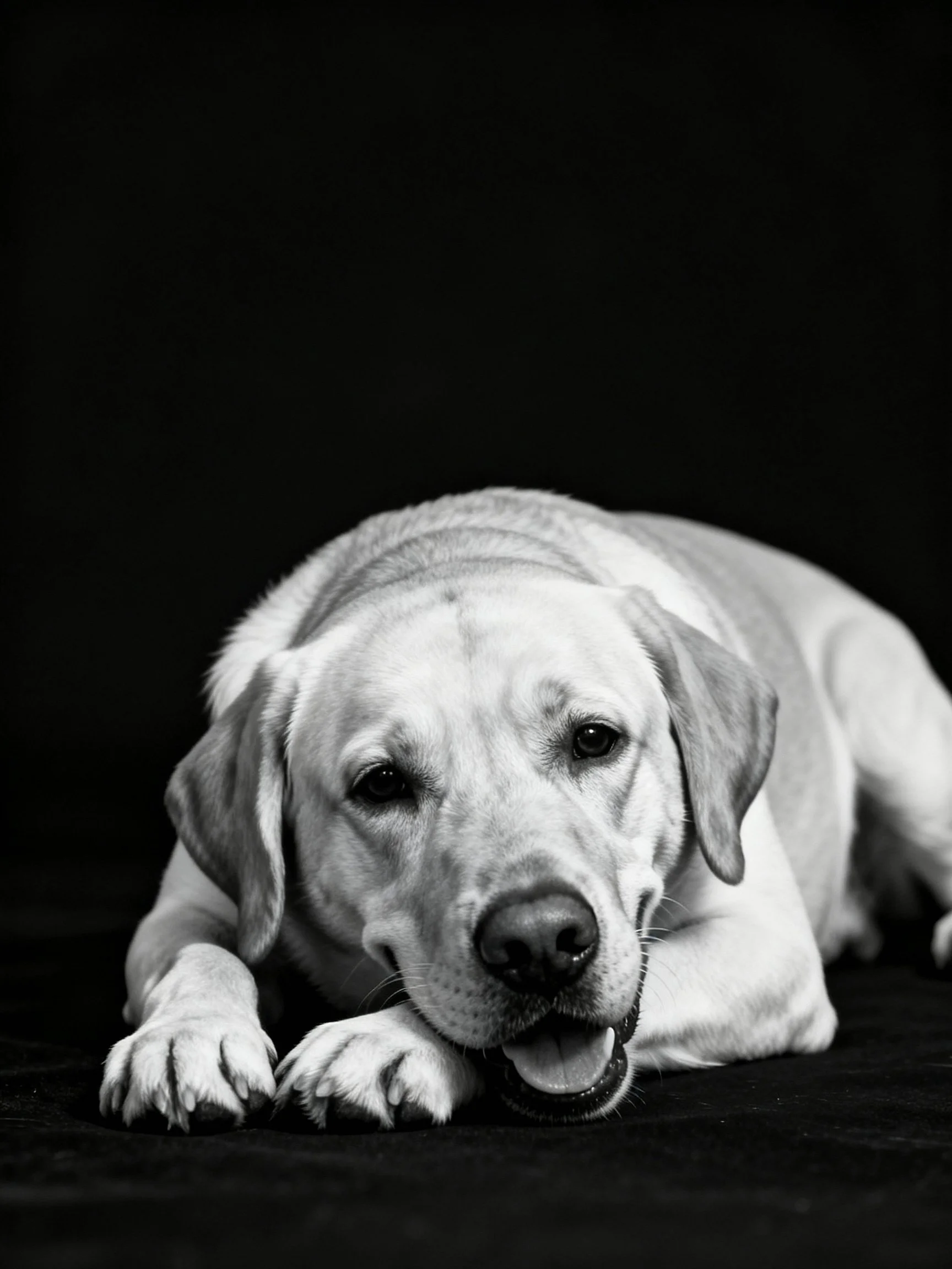 Black and white portrait of a relaxed Labrador Retriever