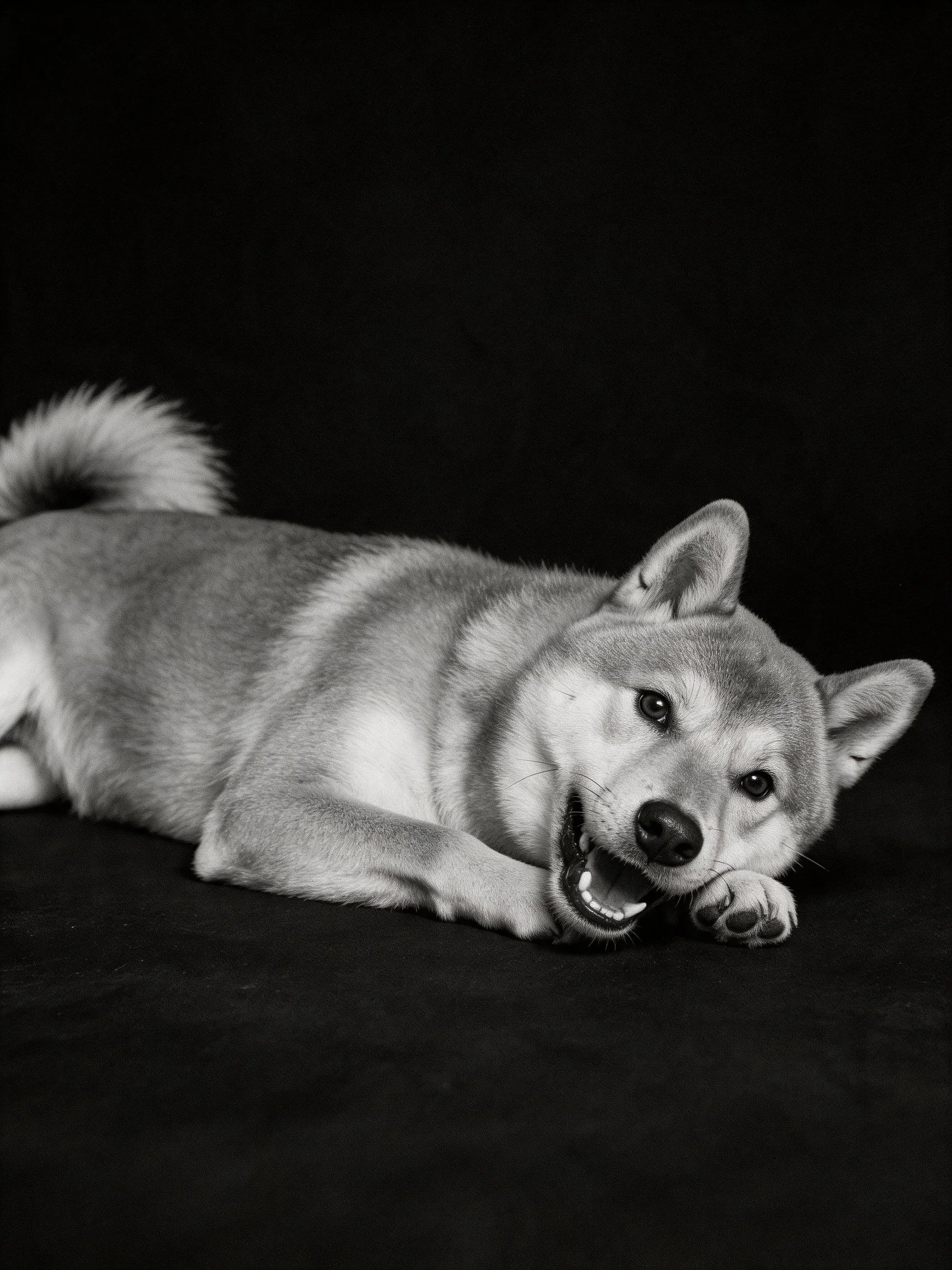 Black and white portrait of a relaxed Shiba Inu puppy