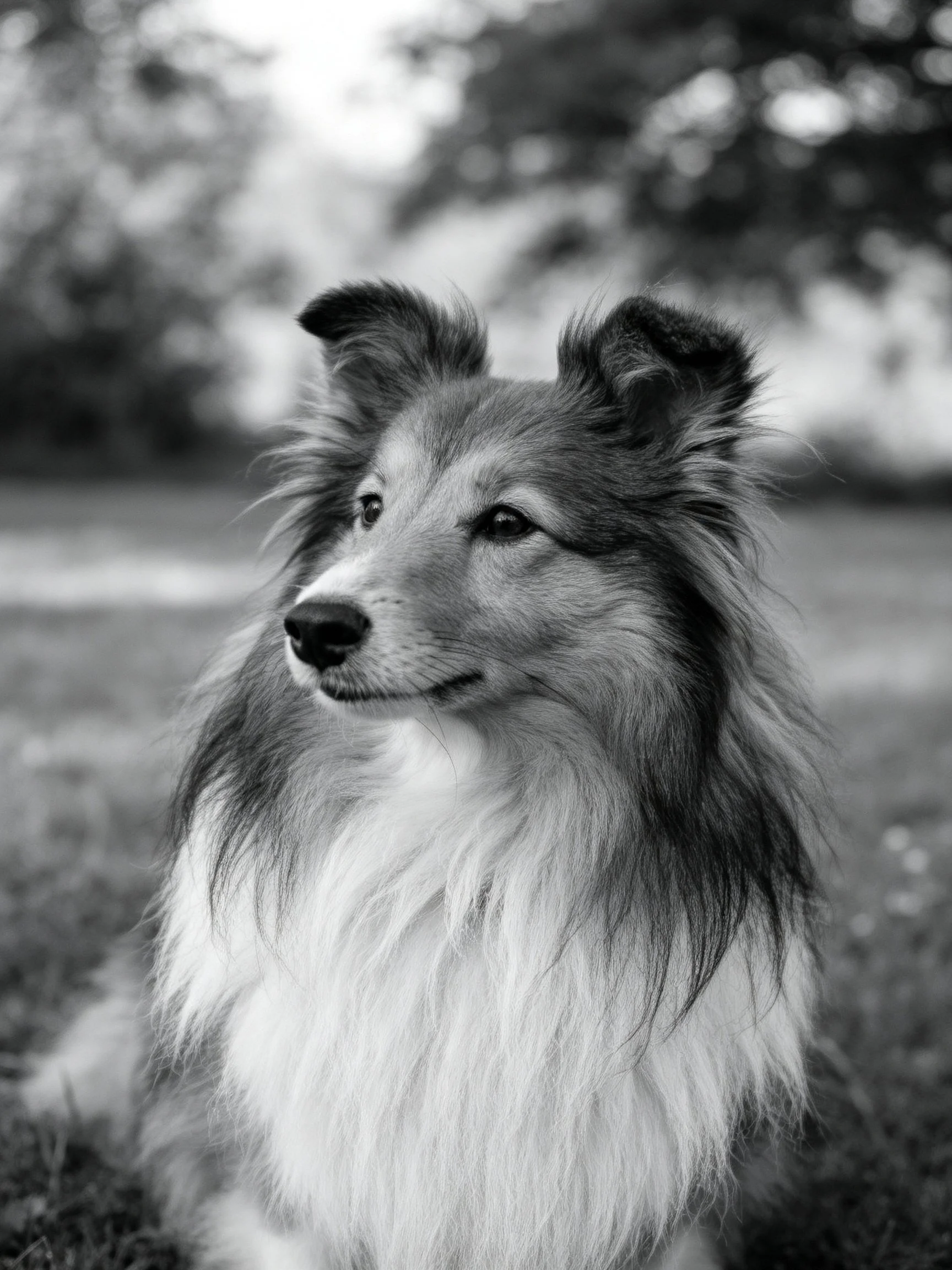 Black and white portrait of a shaggy-coated collie outdoors