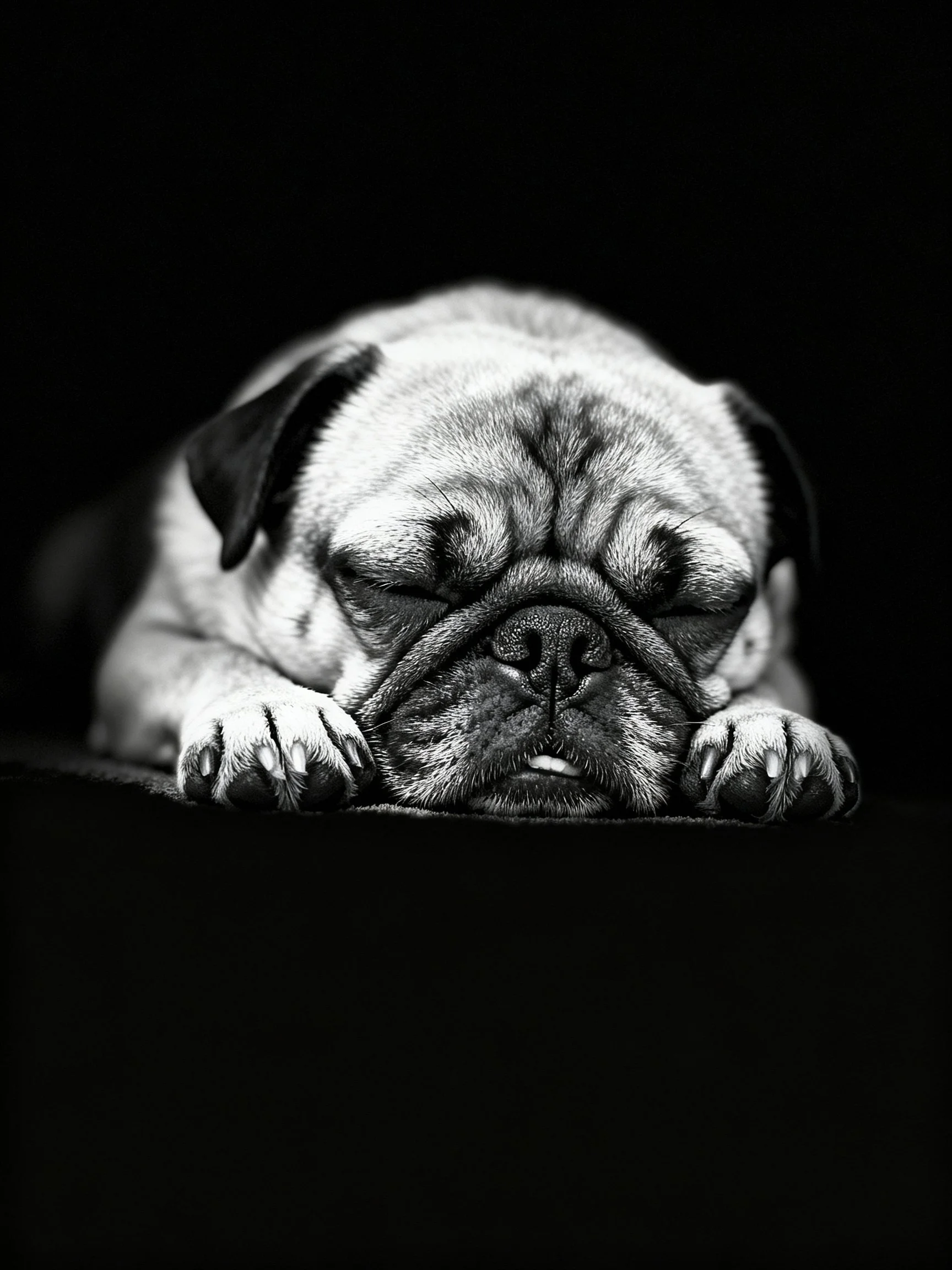 A black and white image shows a pug sleeping peacefully with closed eyes.