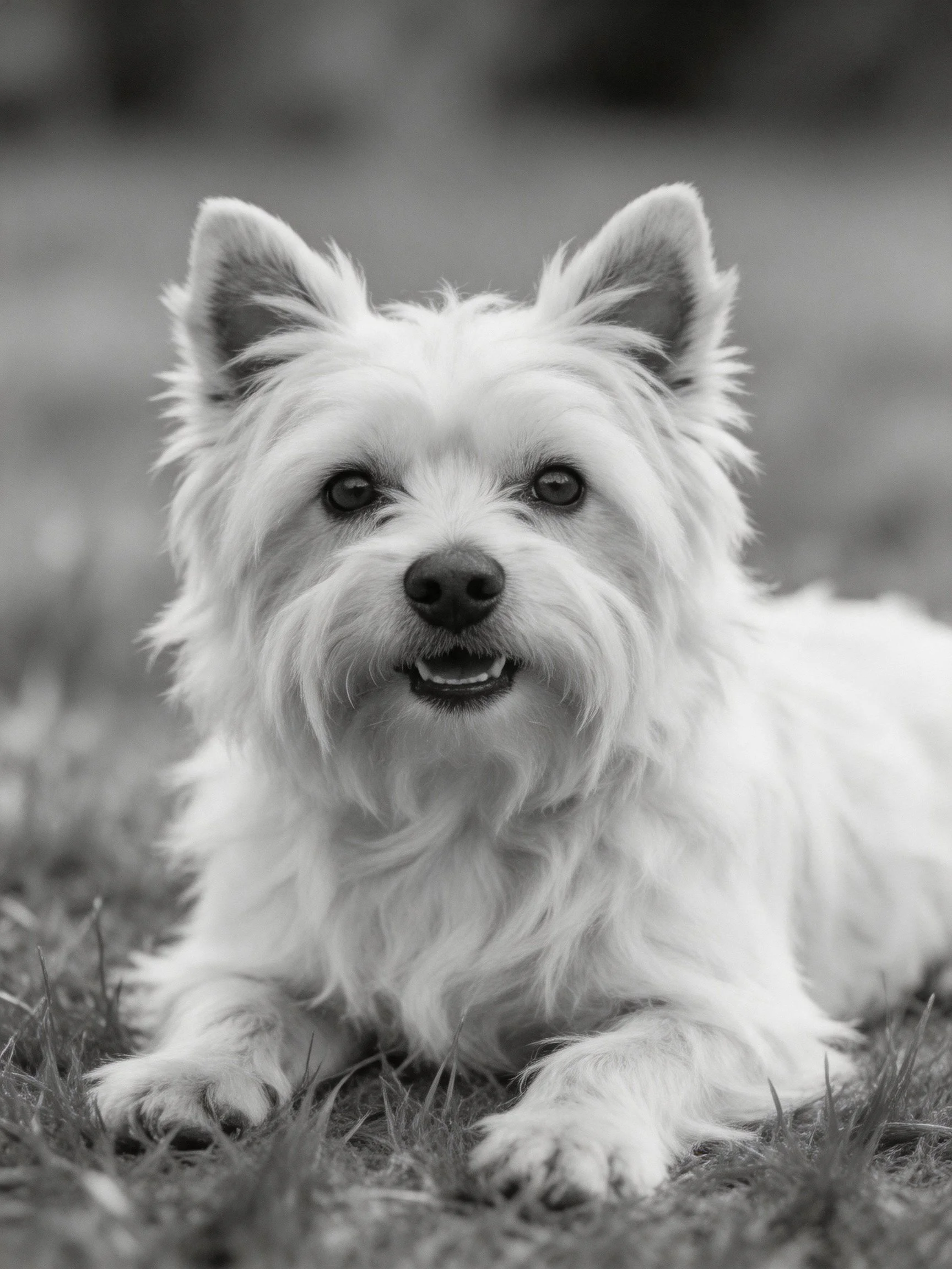 A small fluffy white terrier rests on grass in a black and white photograph.