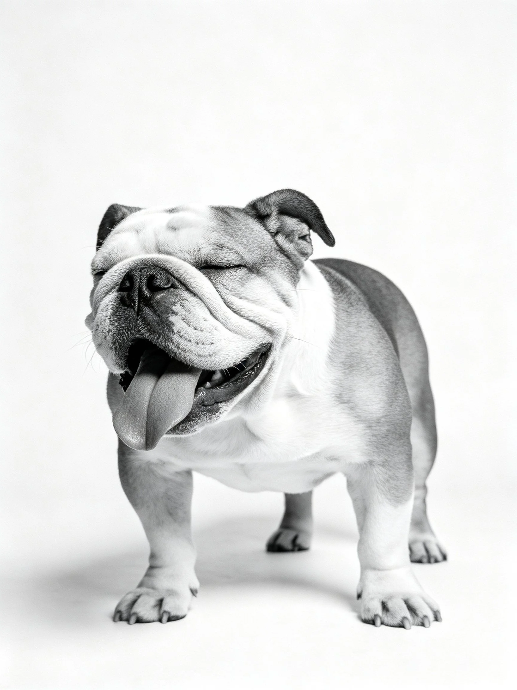 Black and white portrait of a smiling English Bulldog