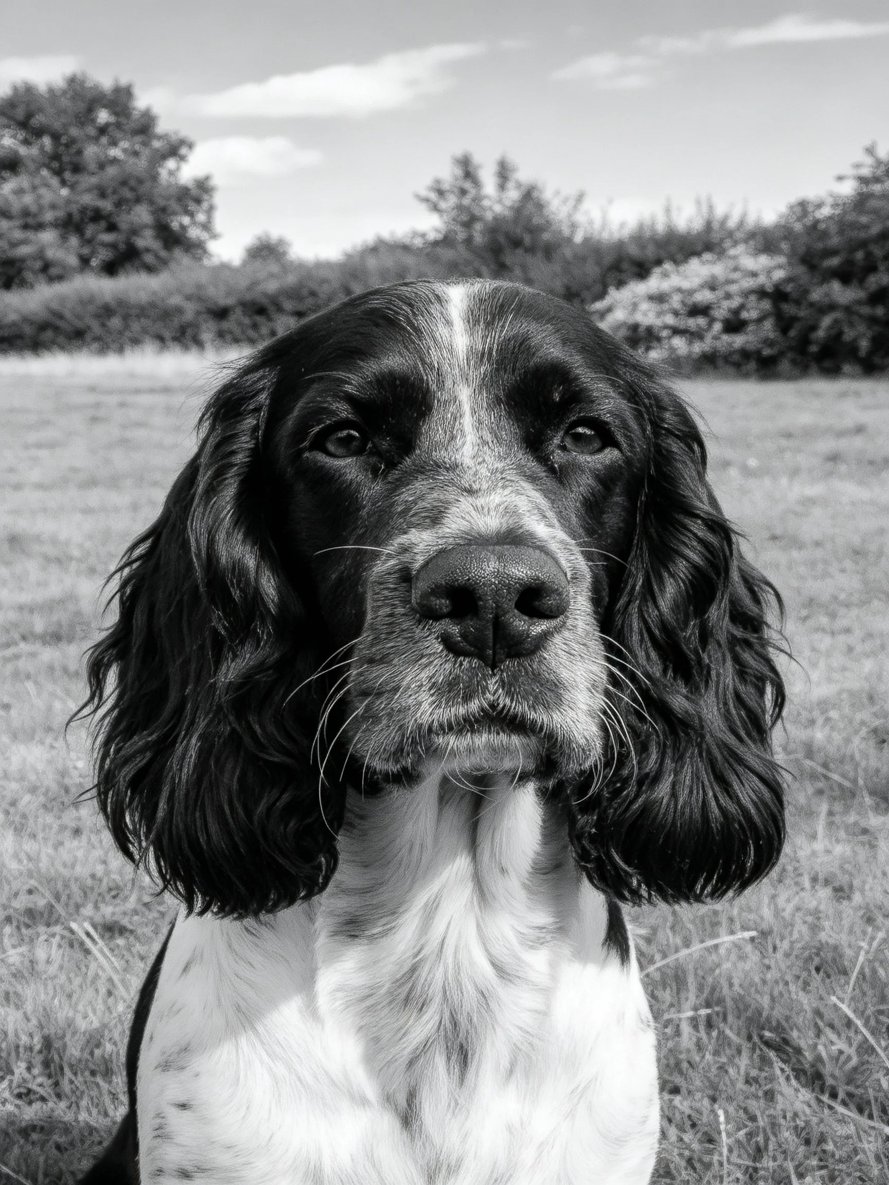 Black and white portrait of a spaniel in a grassy landscape