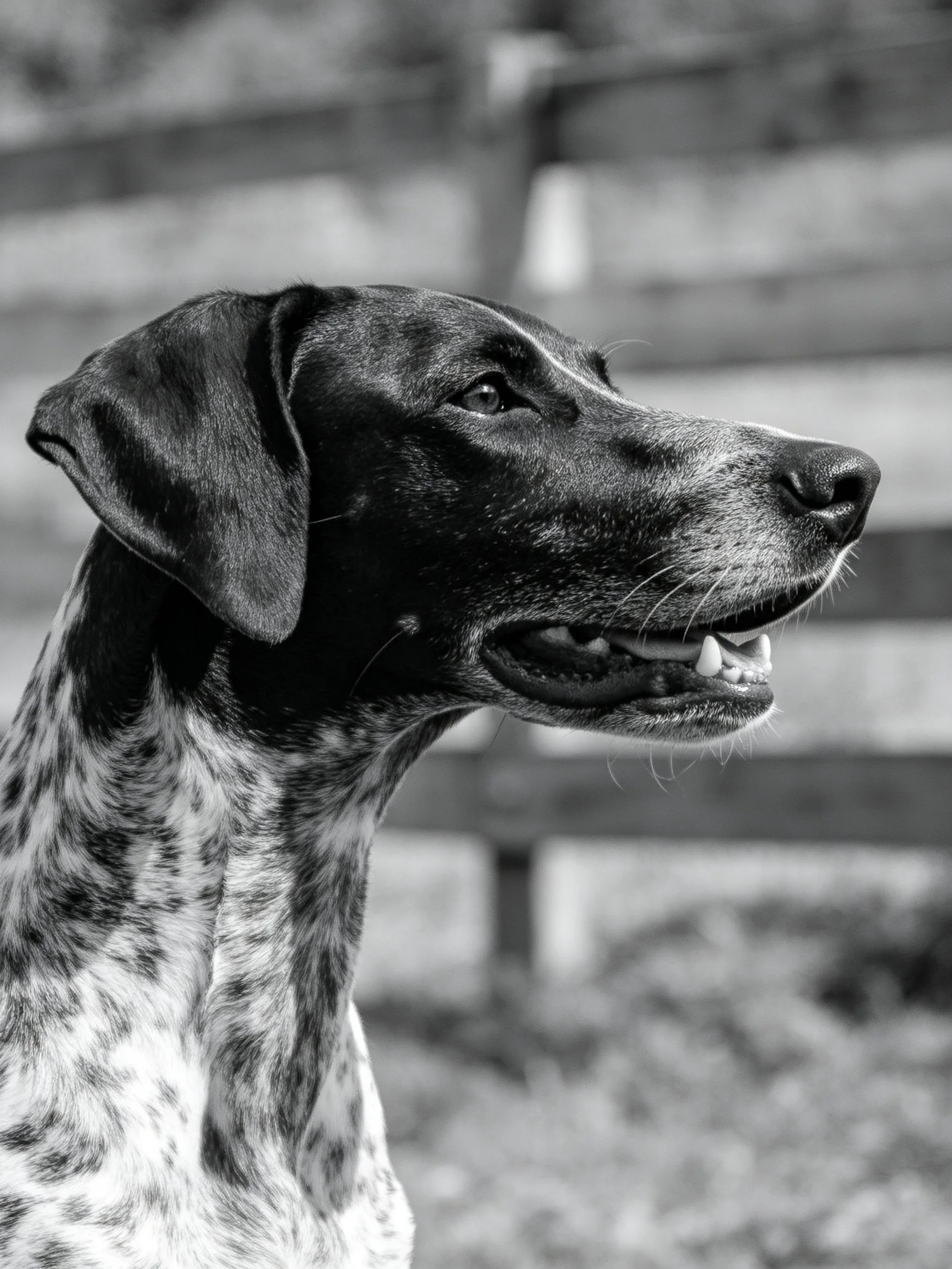 Black and white portrait of a spotted hunting dog in profile