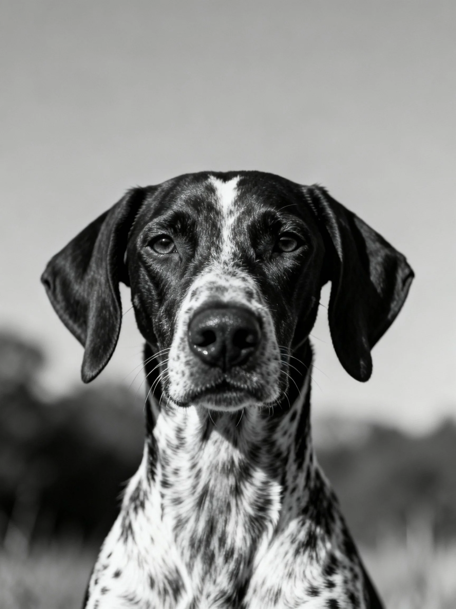 Black and white portrait of a spotted hunting dog with drooping ears
