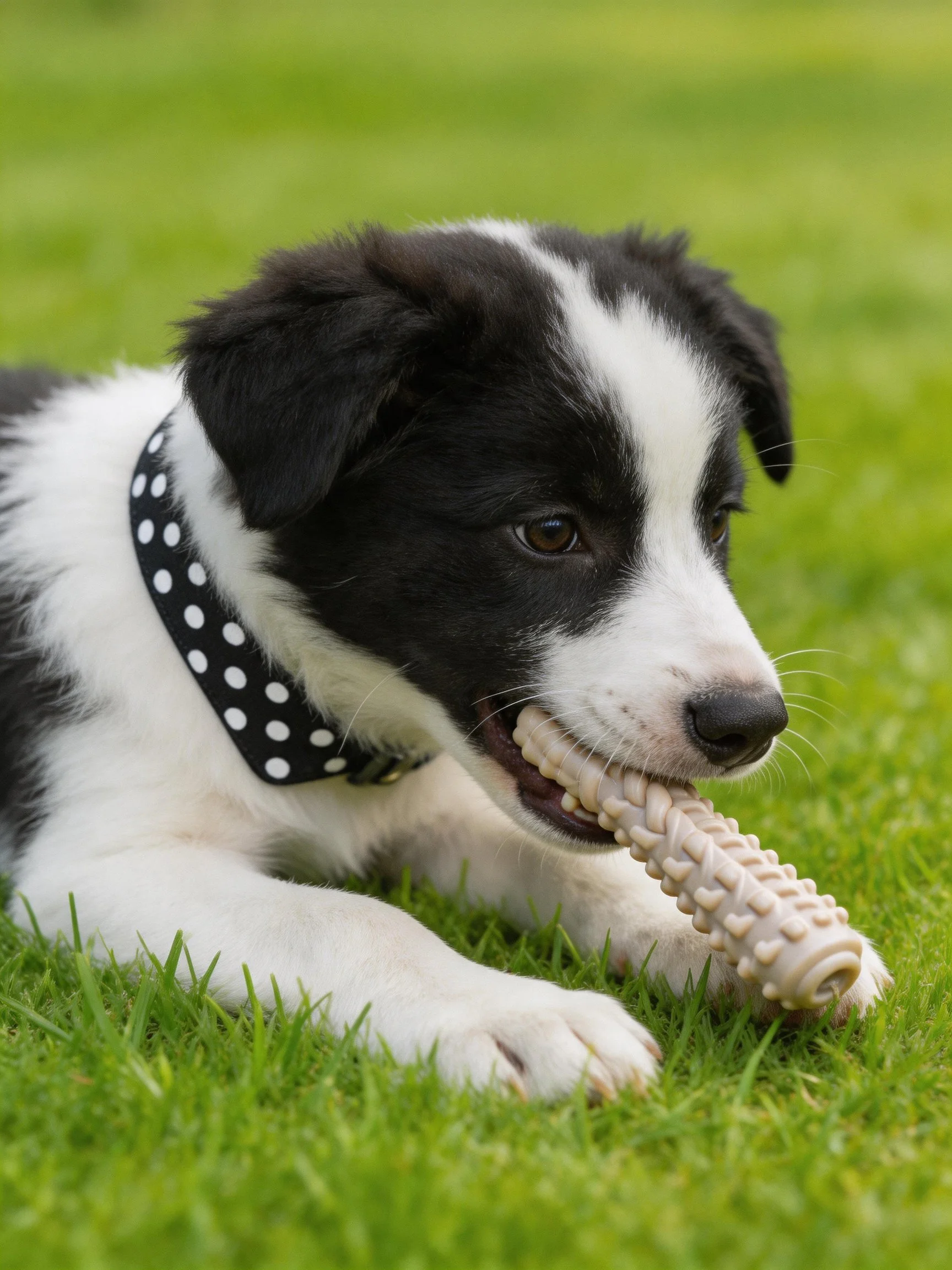 A black and white puppy chews a textured toy on green grass.