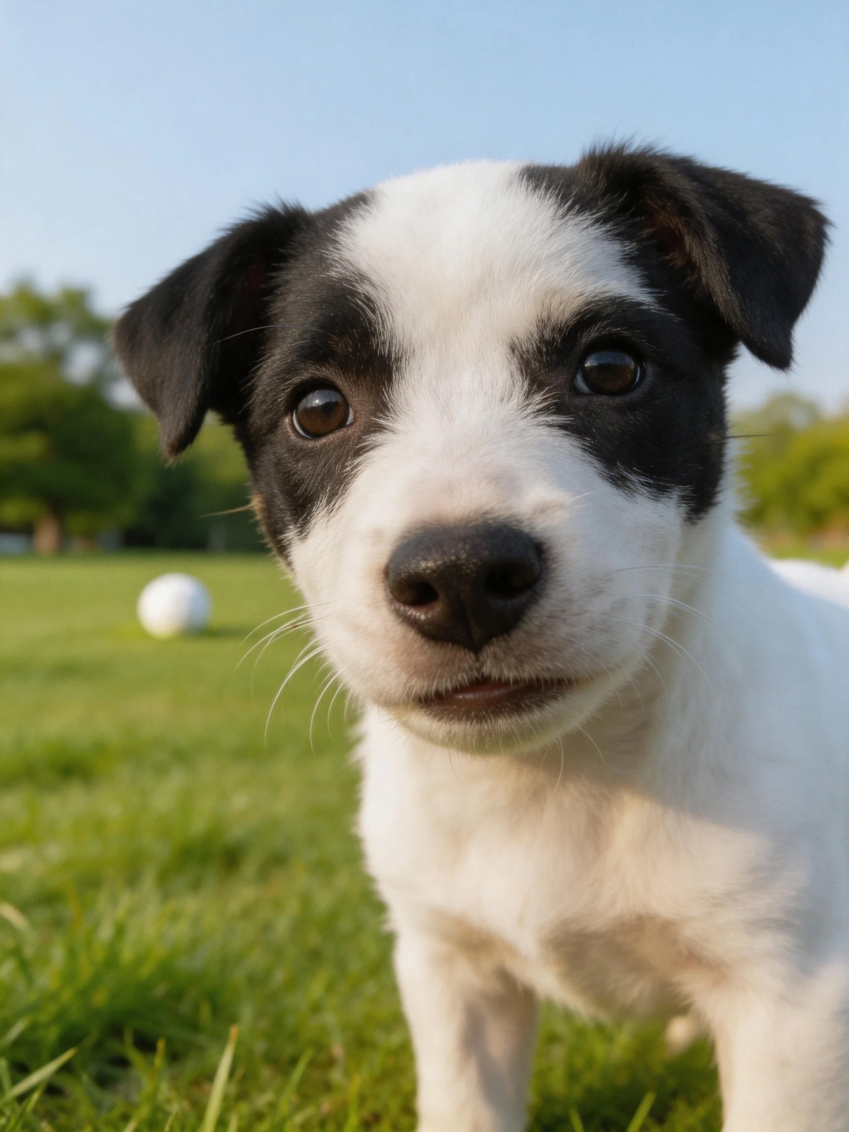 A black and white puppy stands on grass with a ball visible in the background.