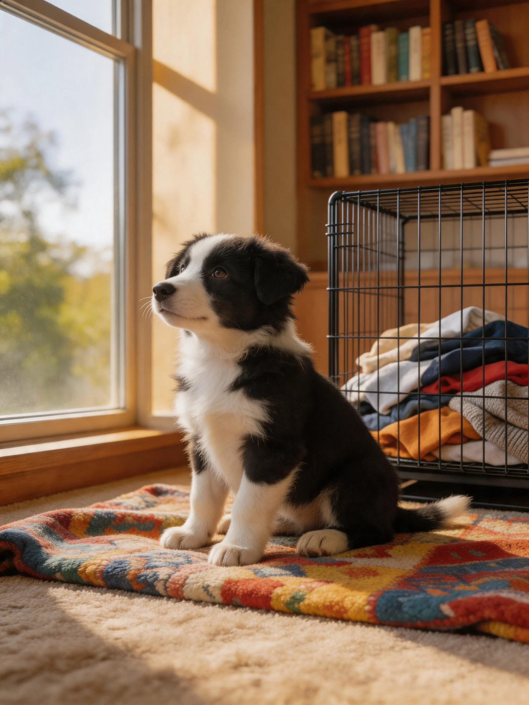 A black and white puppy sits on a rug by a window with a wire crate nearby.