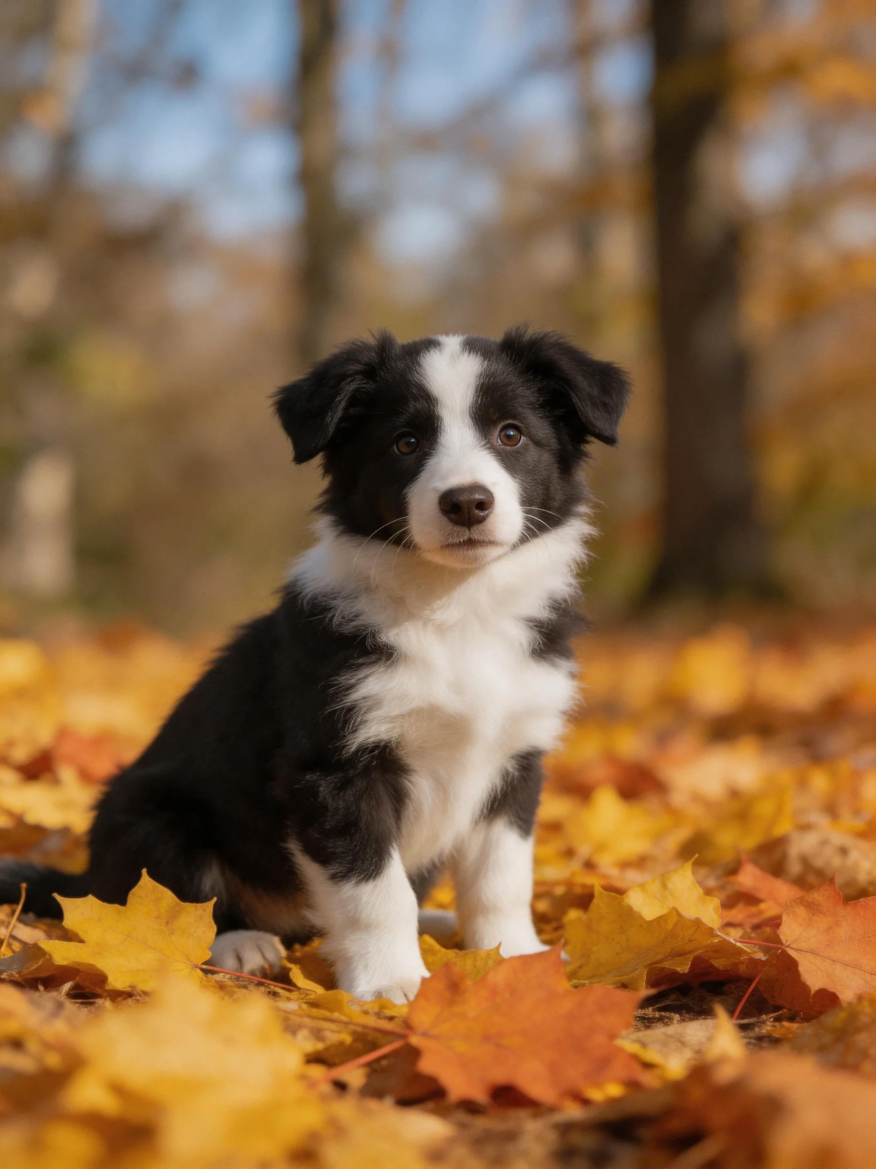 Black and white puppy sitting among golden autumn leaves