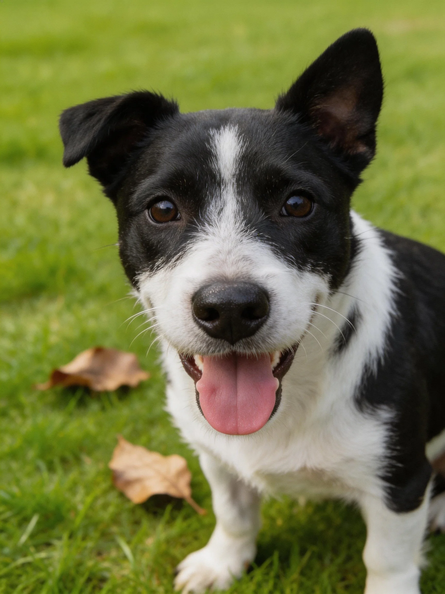 Black and white puppy sitting on green grass with brown leaves