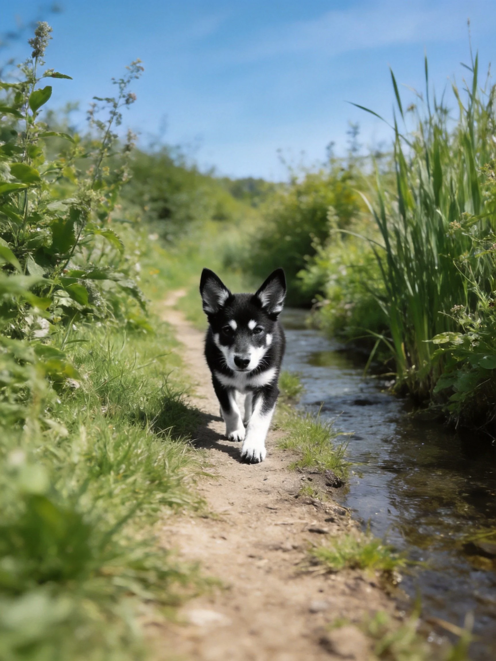 A black and white puppy explores a dirt path near a narrow stream