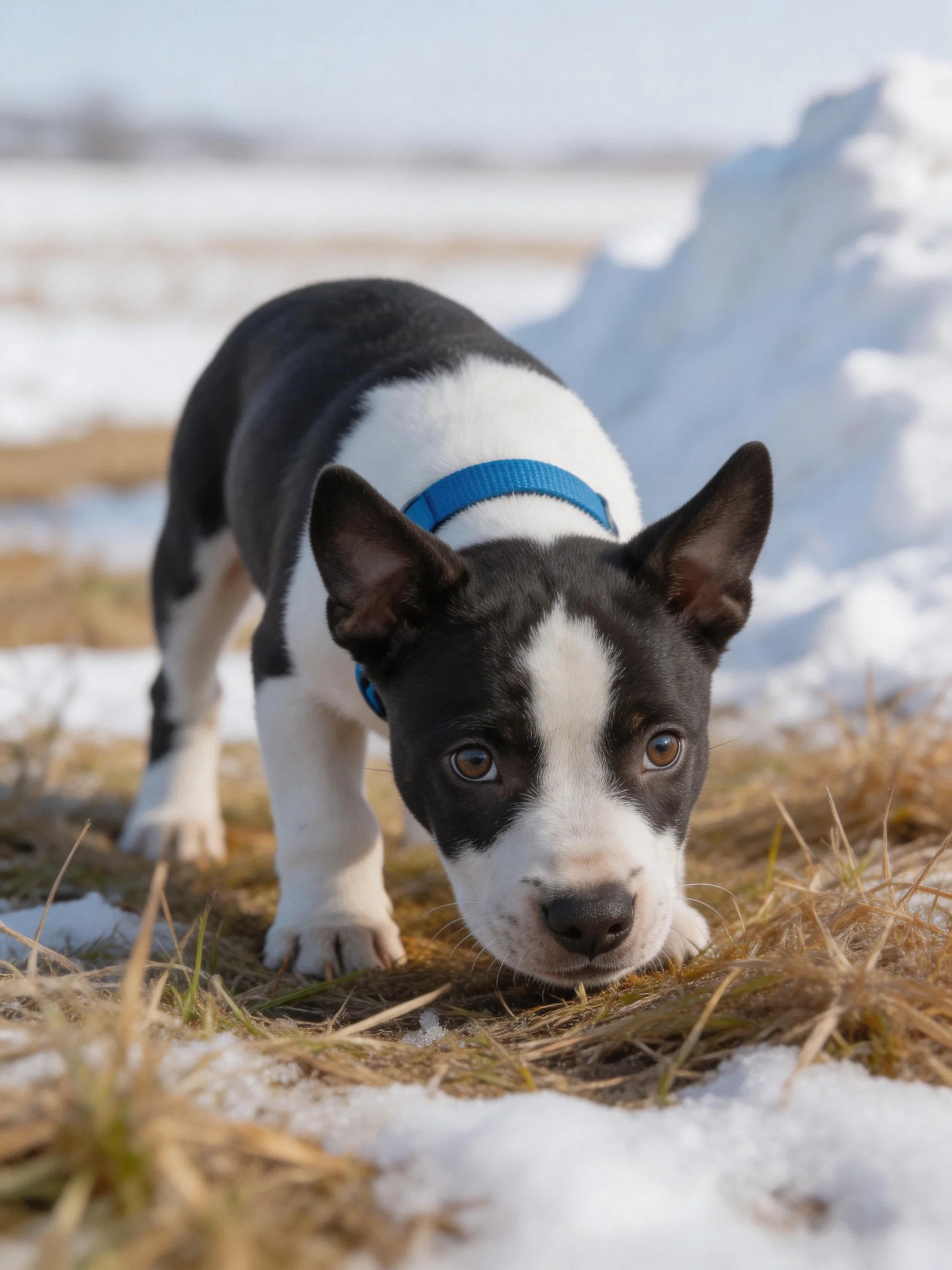 A black and white puppy explores a snowy area with patches of dry grass.