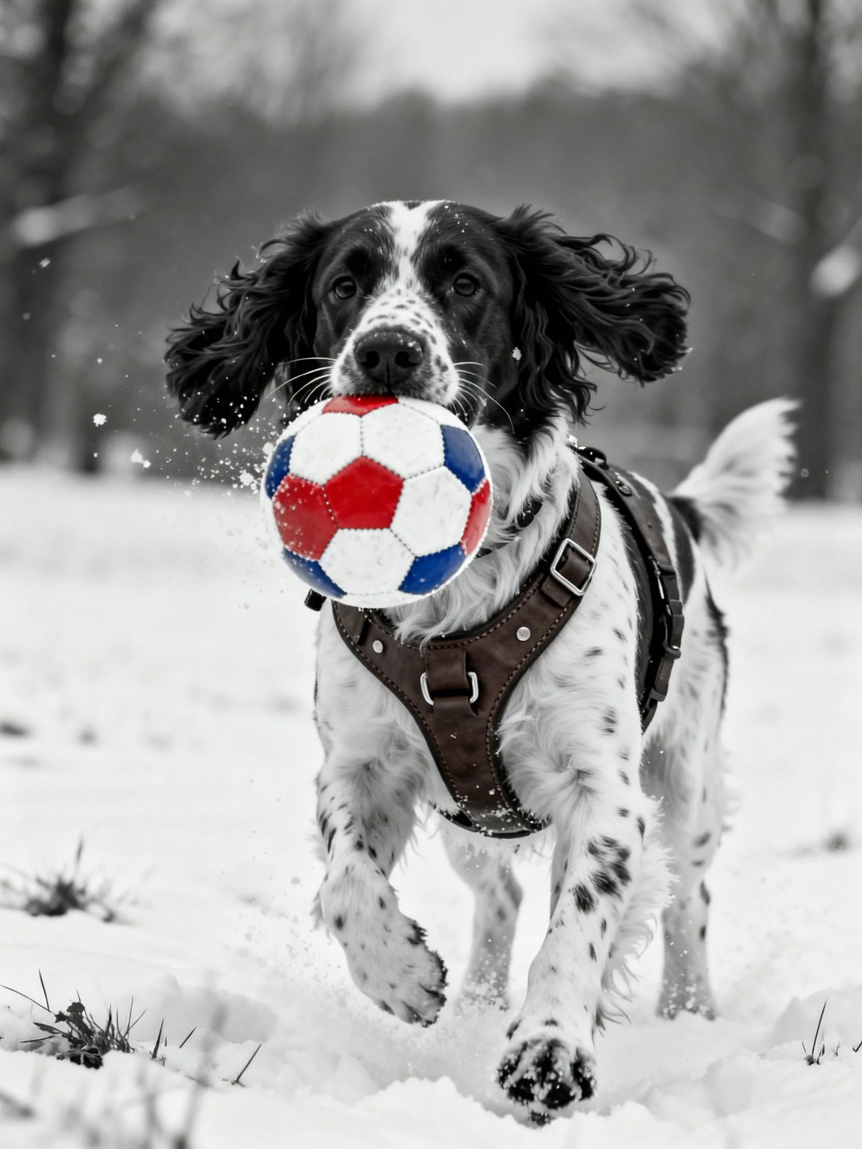 Black-and-white spaniel carrying a red-blue-white soccer ball in snowy terrain