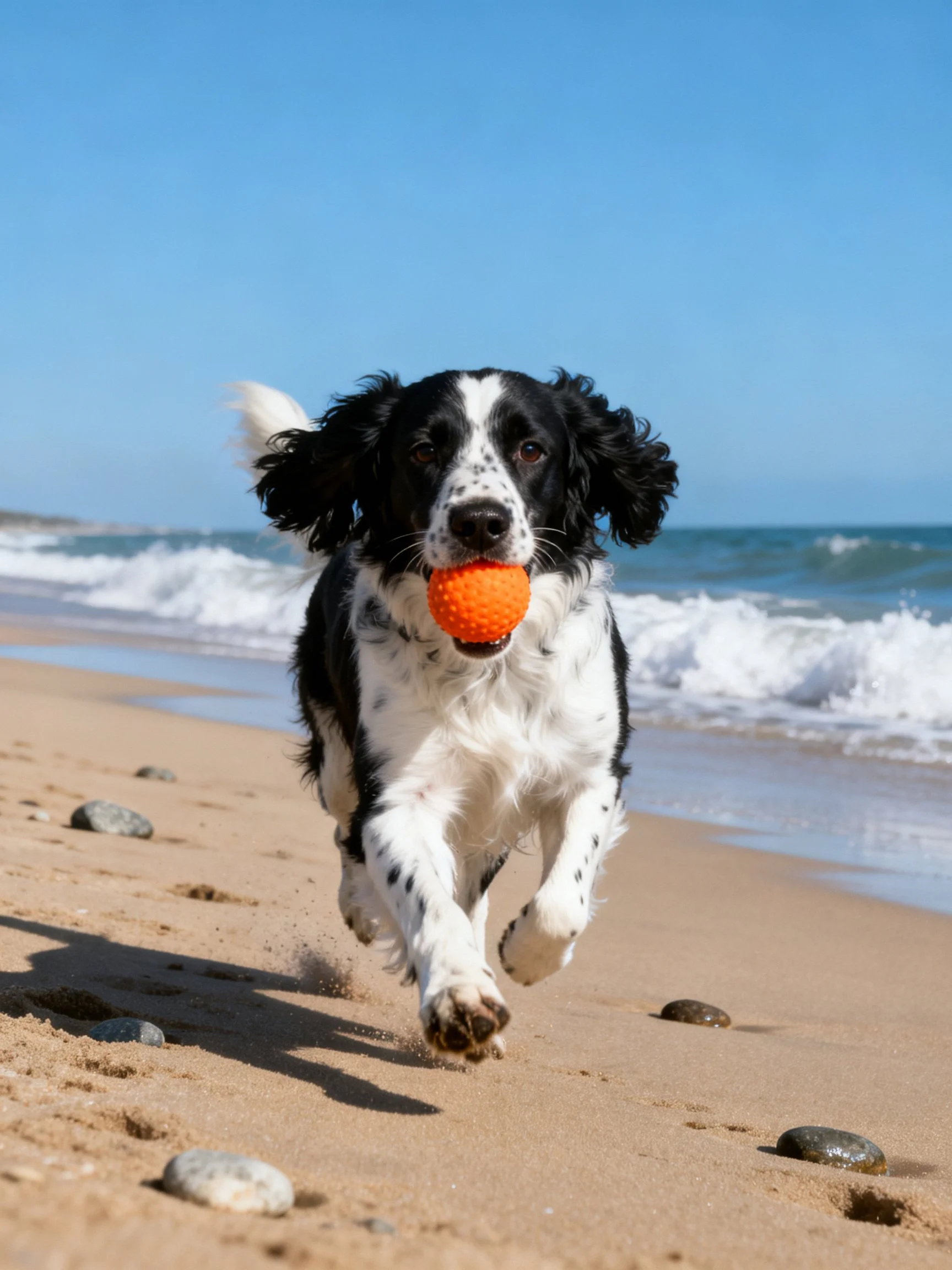 A black and white spaniel runs along a sandy beach with an orange ball in its mouth.