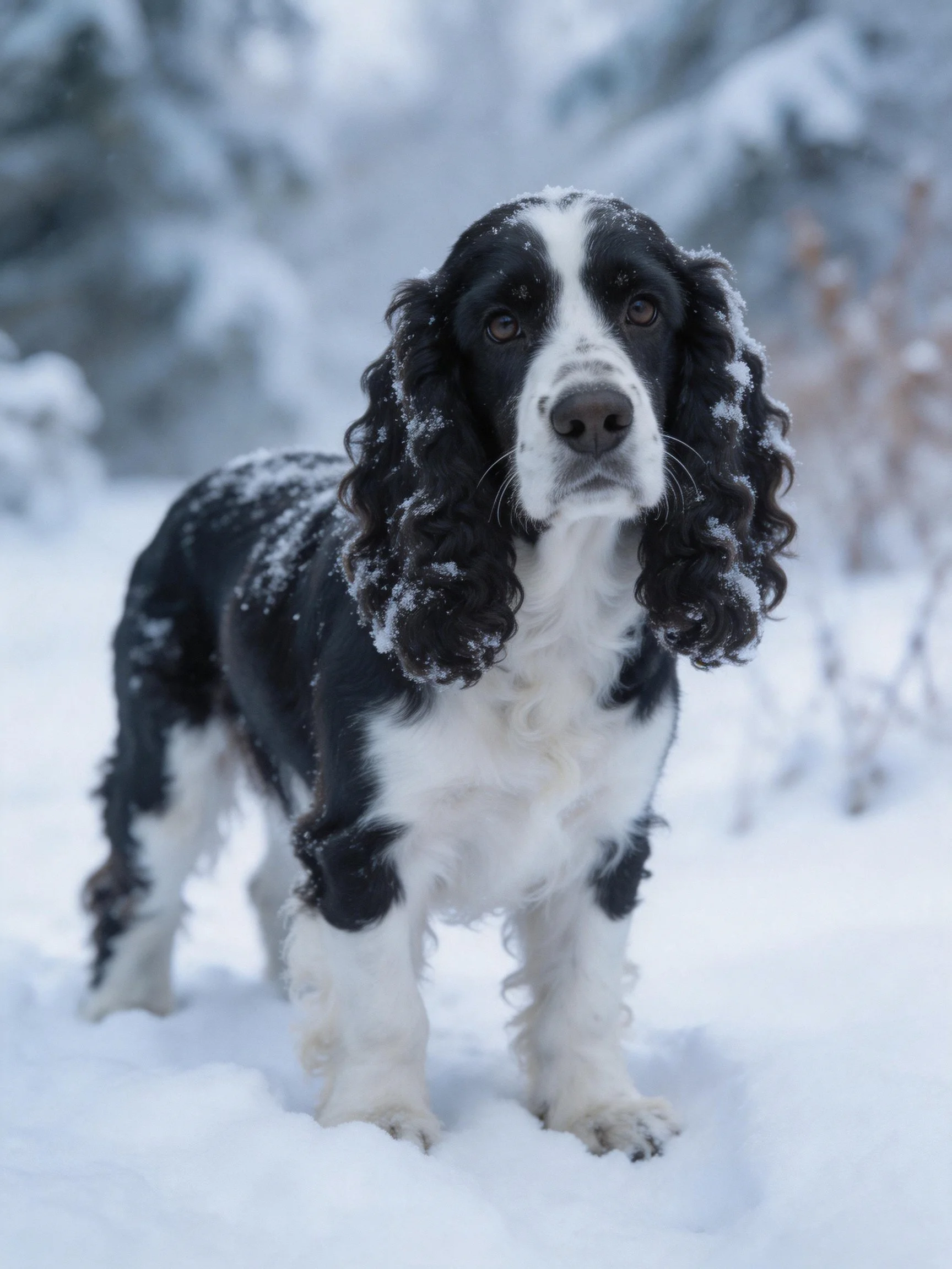 Black and white spaniel in snowy landscape with curly fur
