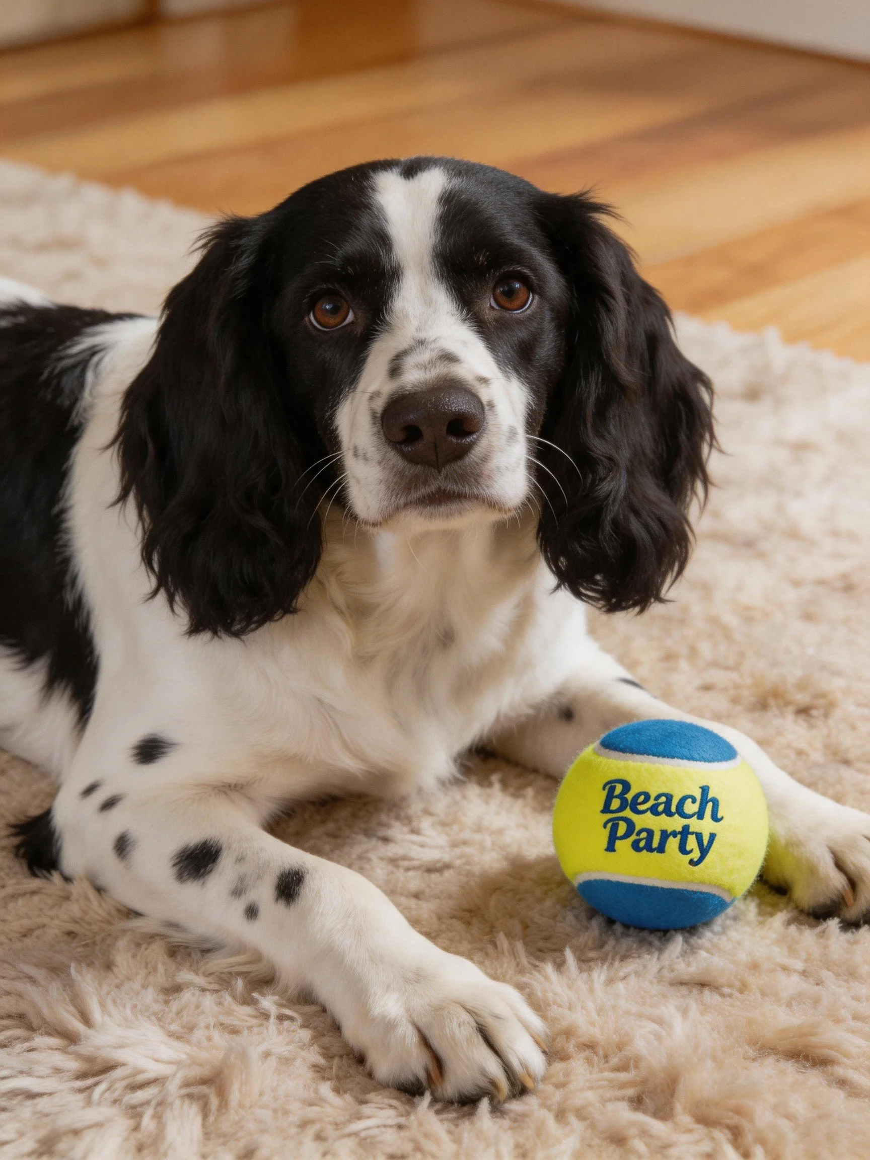 Black and white spaniel near a colorful Beach Party ball