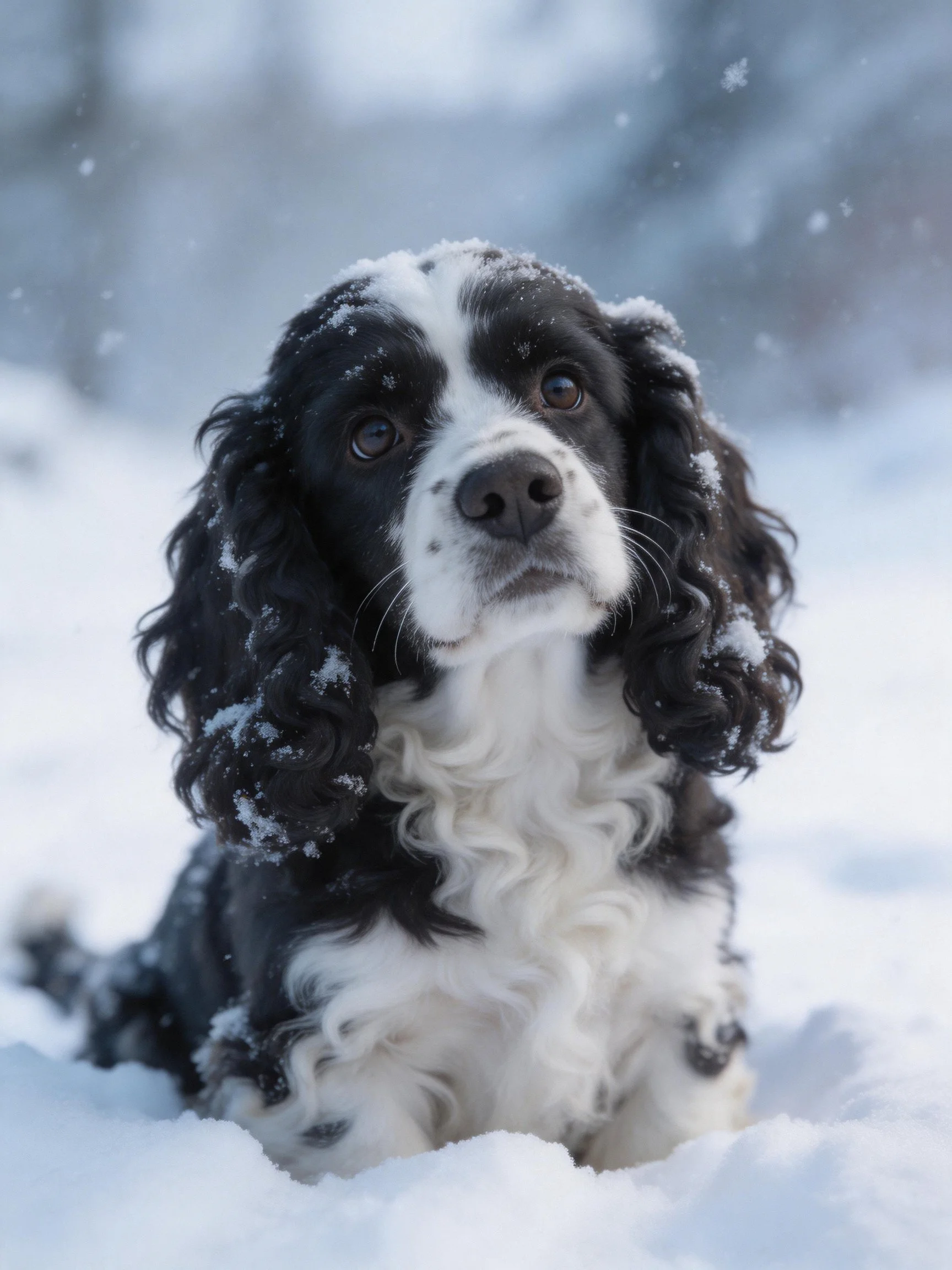 A black and white spaniel sits calmly in a snowy scene.