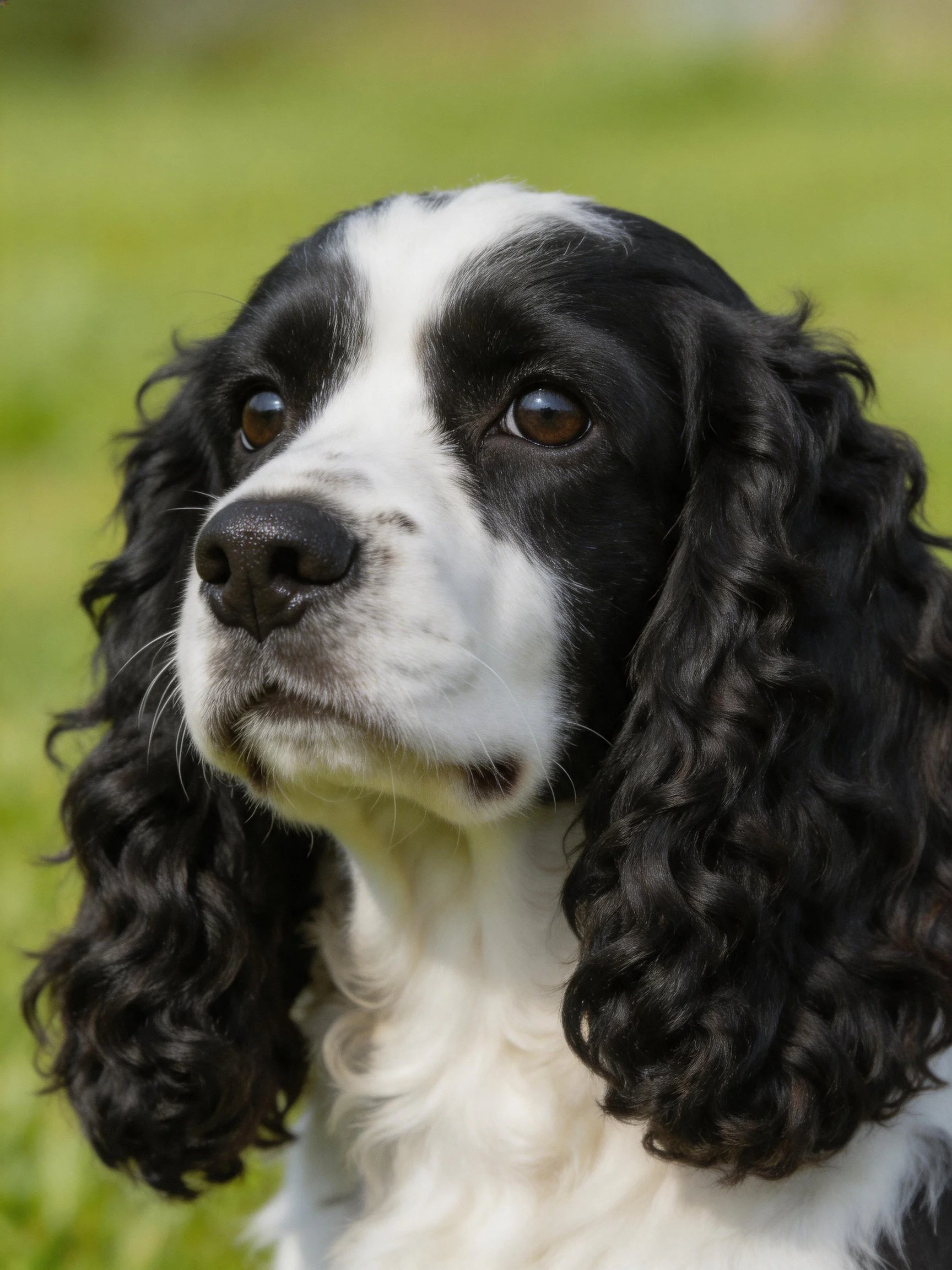 Black and white spaniel with long curly ears in a green outdoor scene