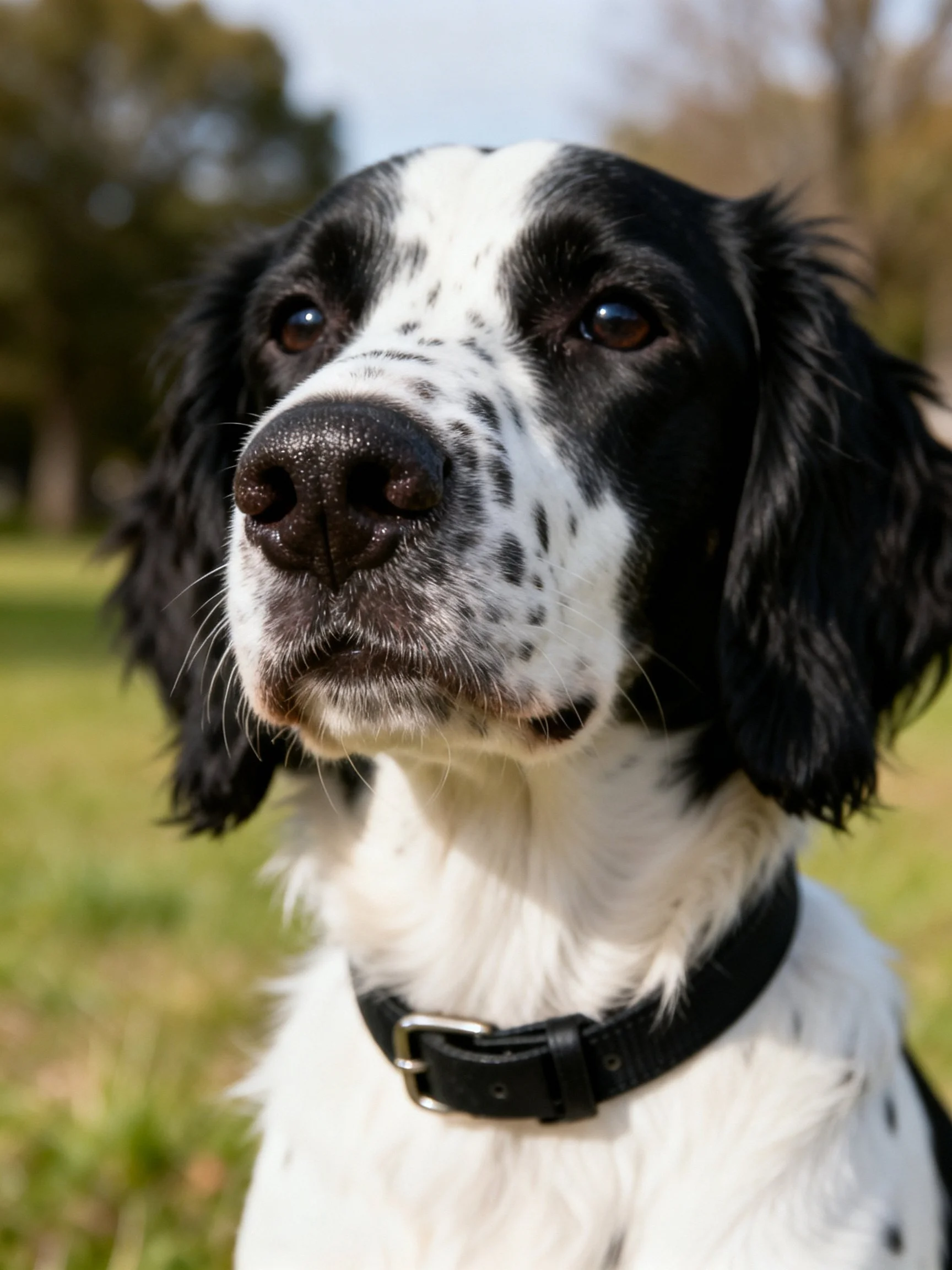 A black and white spotted dog stands calmly in a grassy outdoor area.