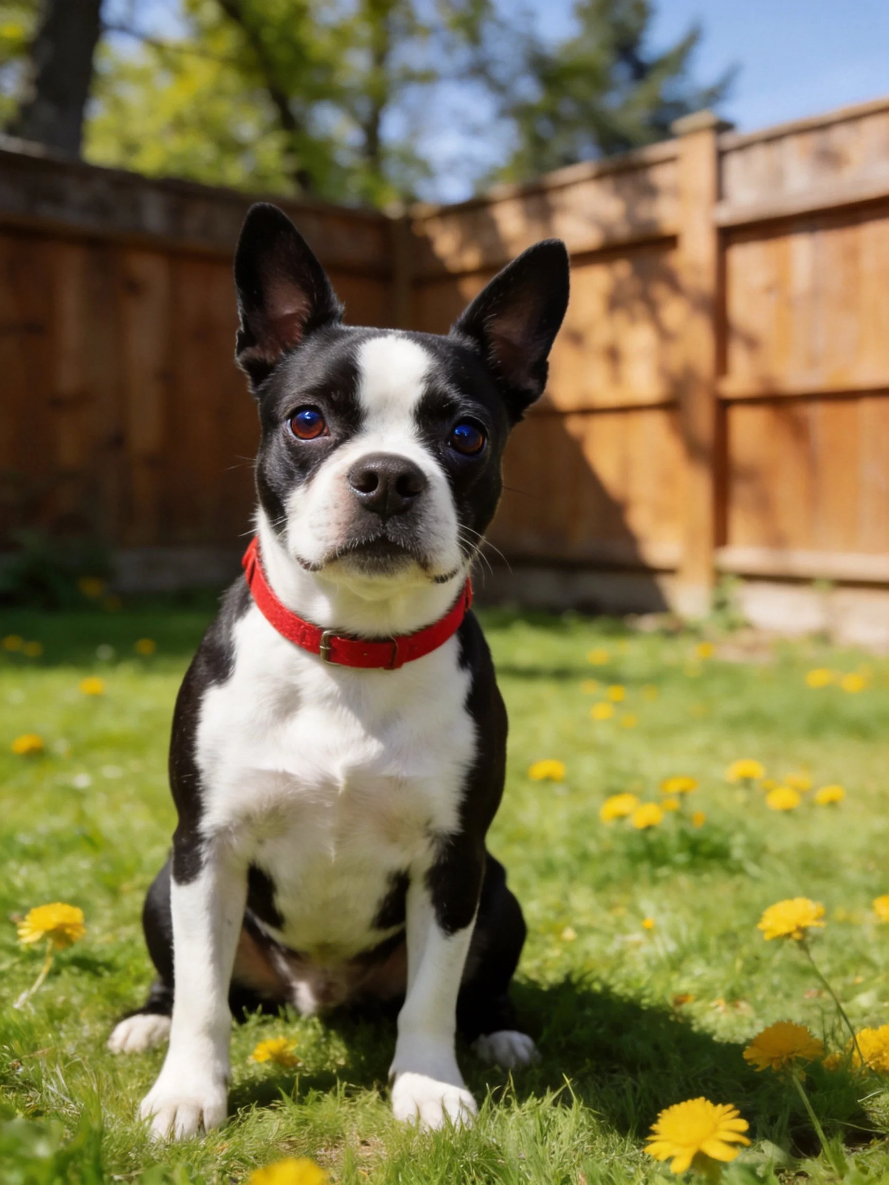 Black and whiteBoston Terrier sits on flowered lawn near wooden fence