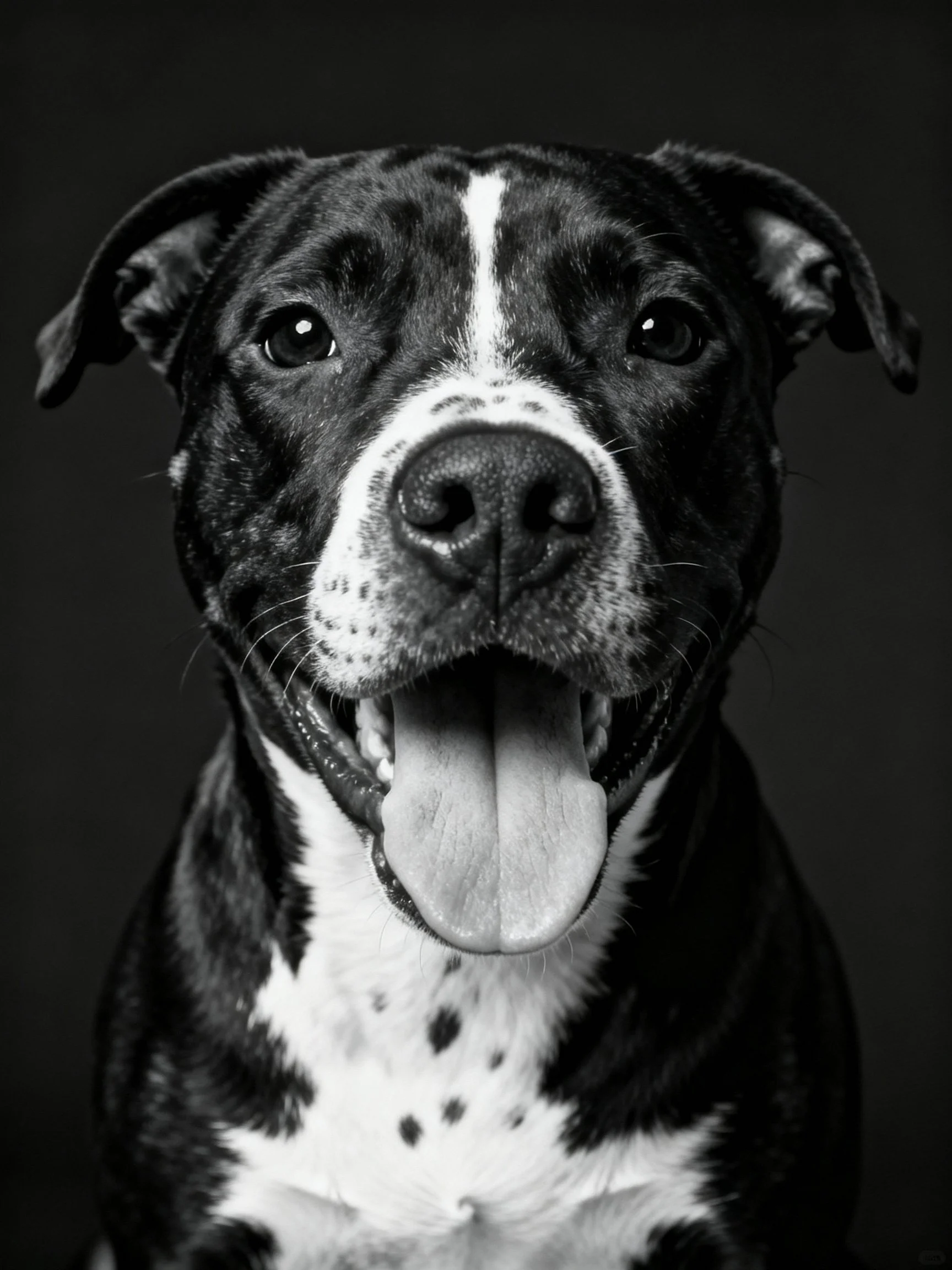 A black and white dog with an open mouth and tongue is photographed up close.