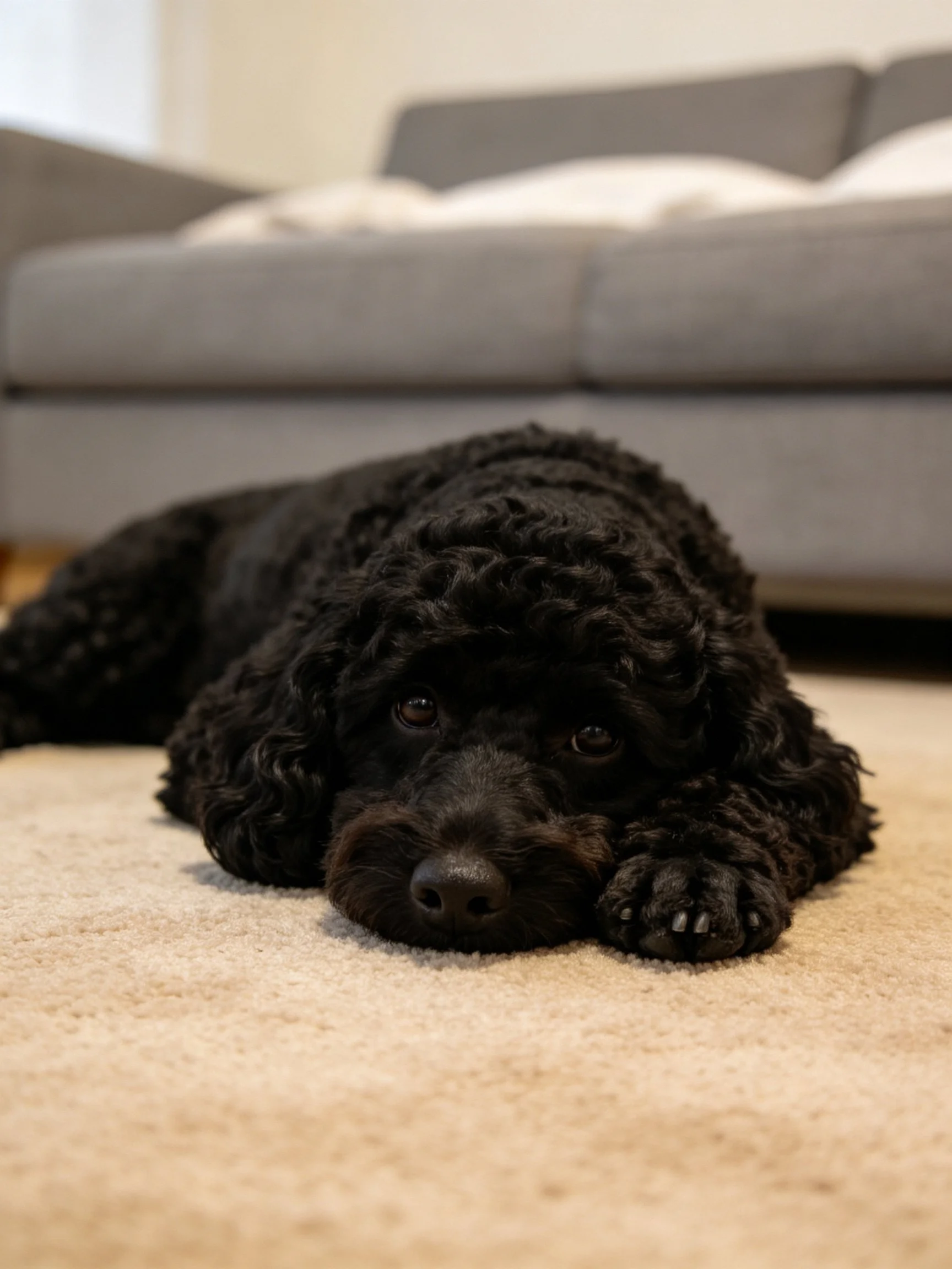 Black curly-co coated dog resting on beige carpet near gray sofa