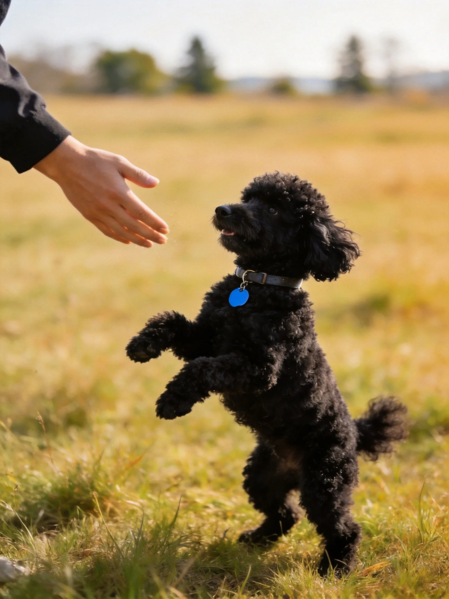 A black curly-haired dog stands on hind legs reaching for a human’s outstretched hand in an open grassy area.