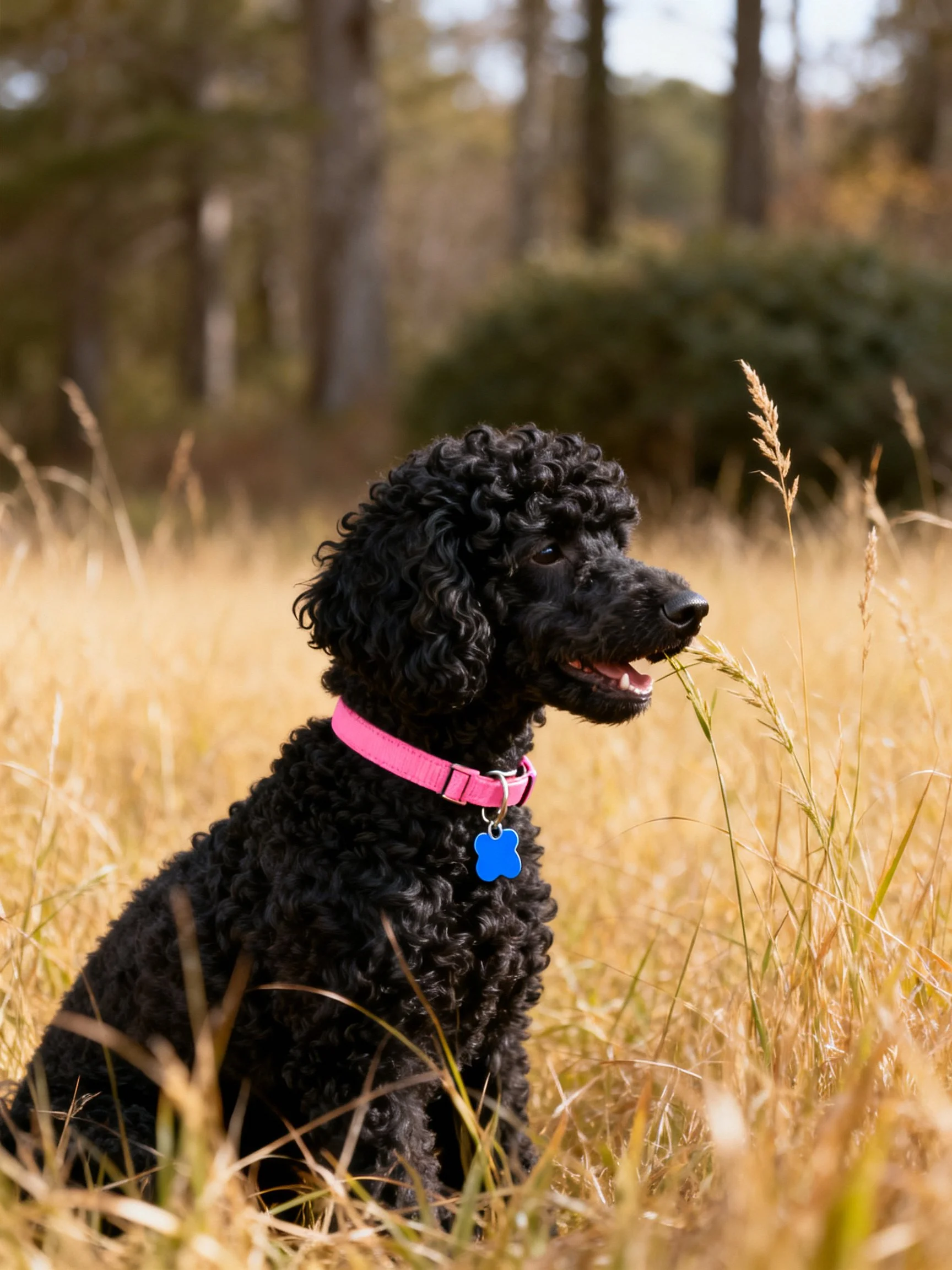 Black curly-haired dog with pink collar in golden grassy field