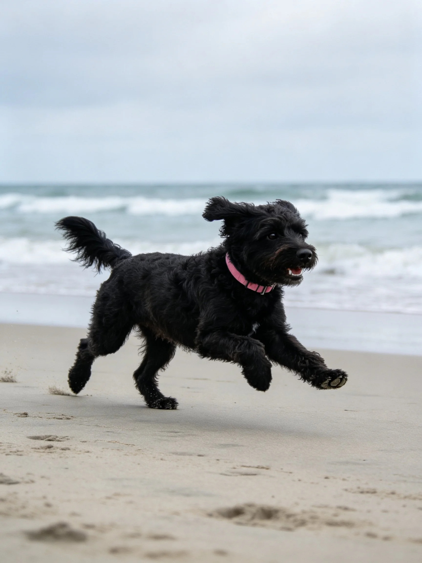 Black curly-haired dog with pink collar runs on sandy beach