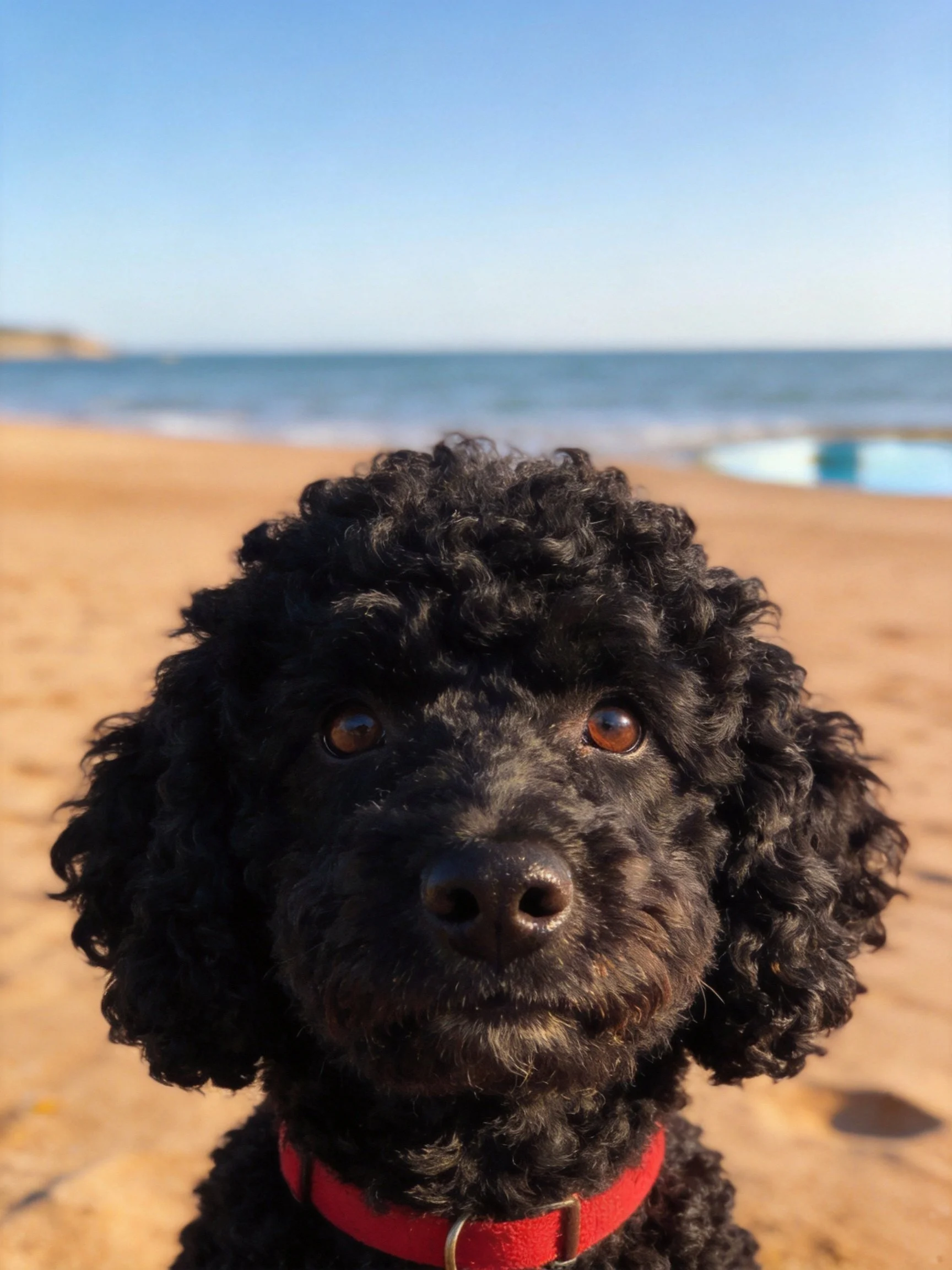 Black curly-haired dog with red collar on sandy beach