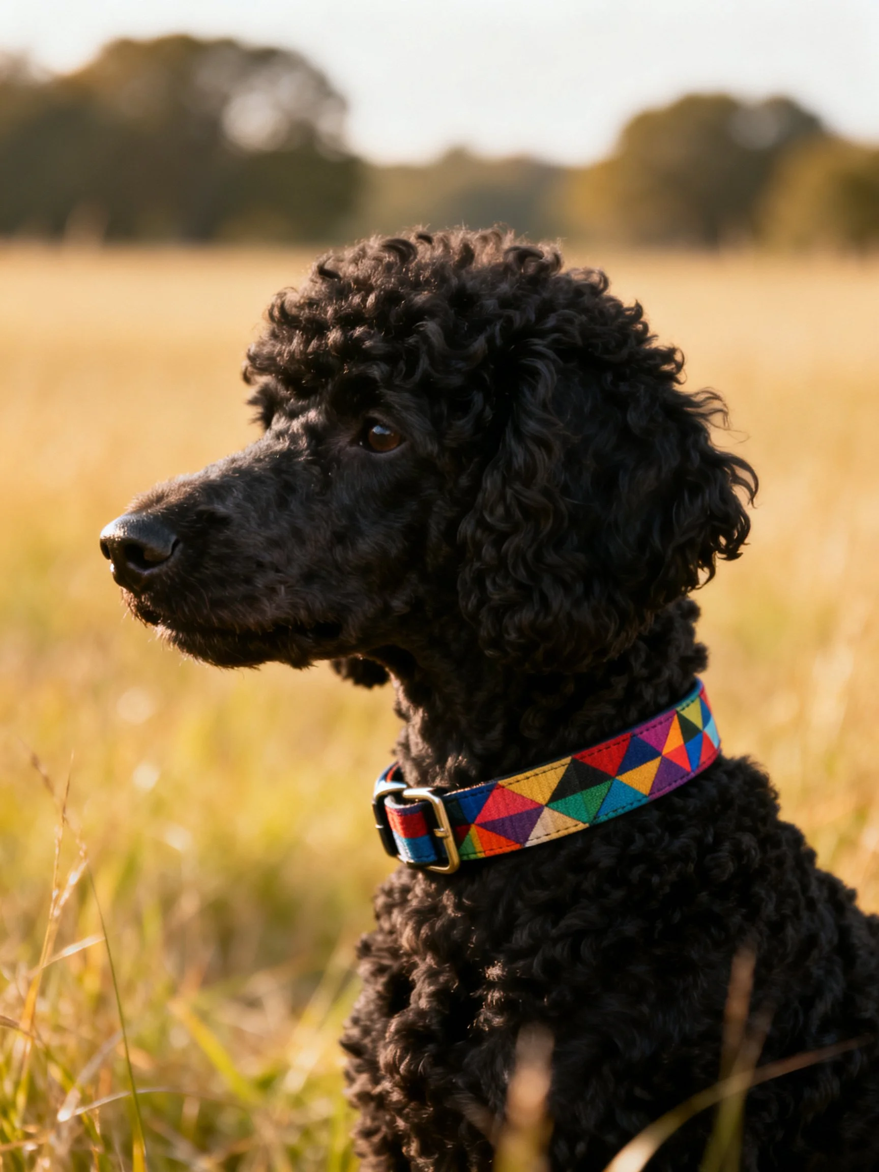 Black curly-haired dog with vibrant geometric collar in sunlit meadow