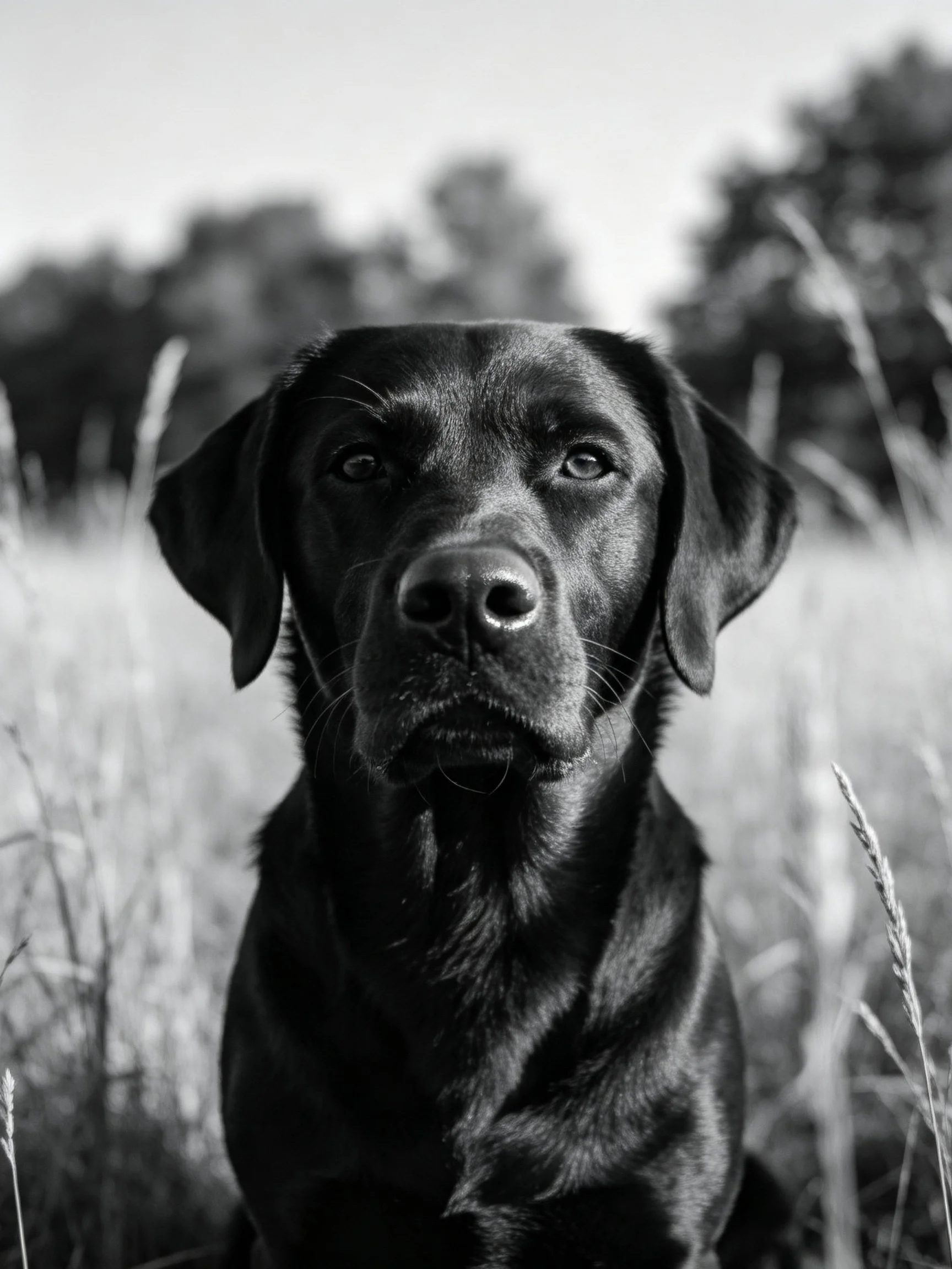 A black dog sits calmly amid tall grass with a softly focused outdoor setting.