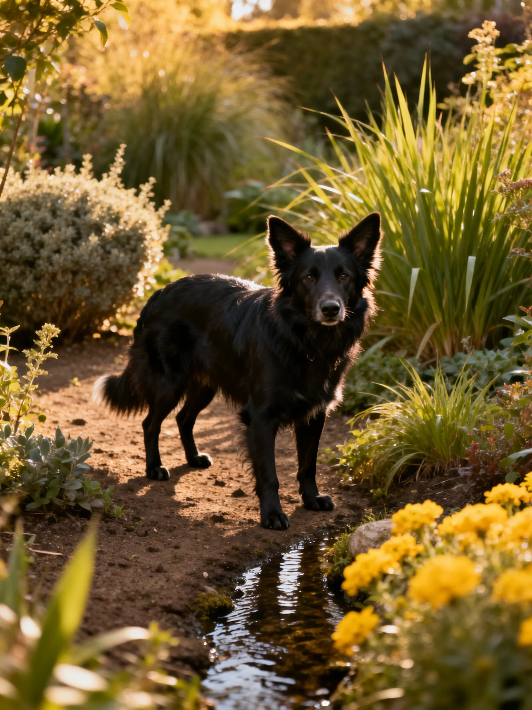 Black dog in a sunlit garden with yellow flowers and a stream