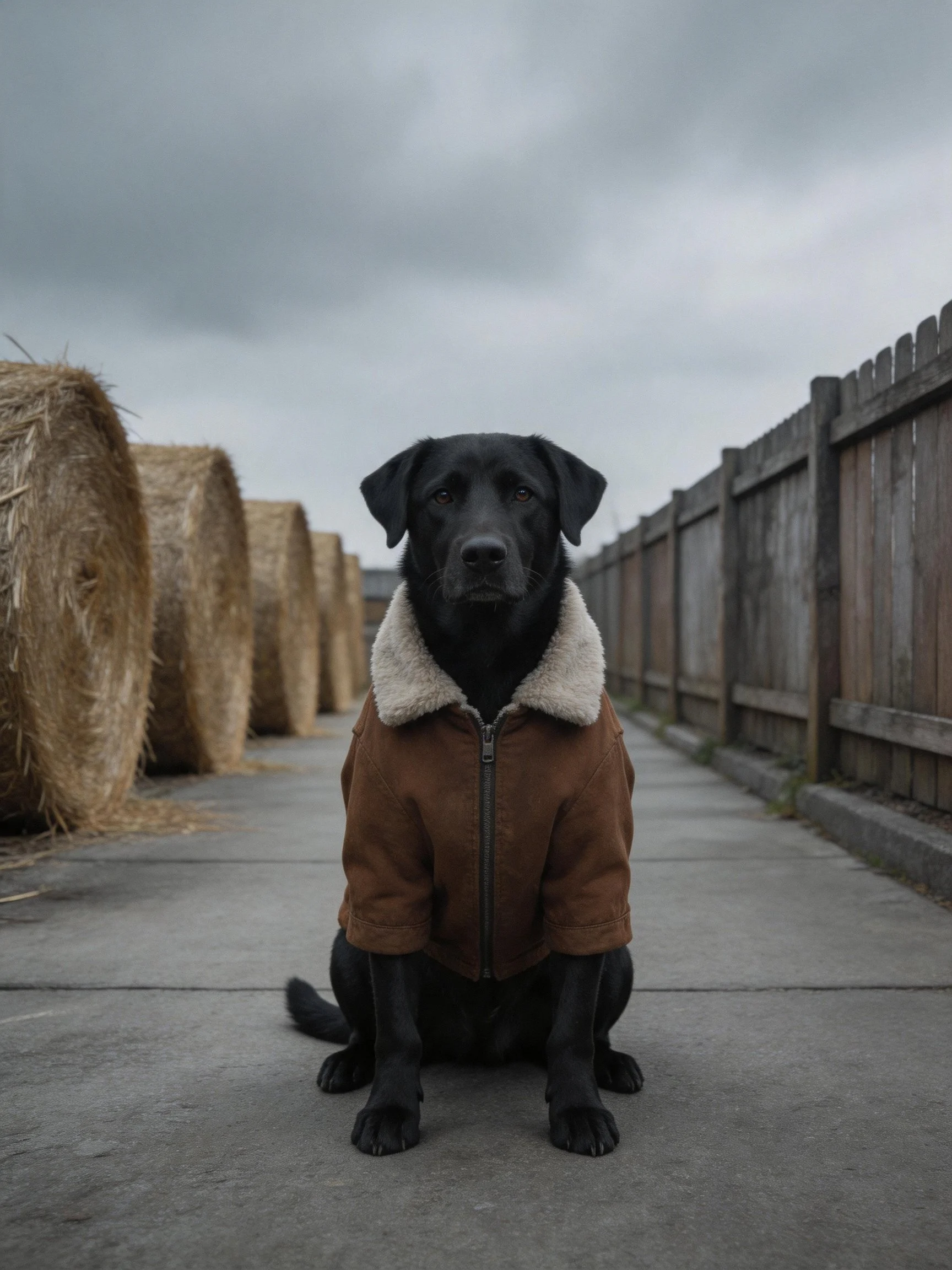 Black dog in brown coat sits between hay bales and fence