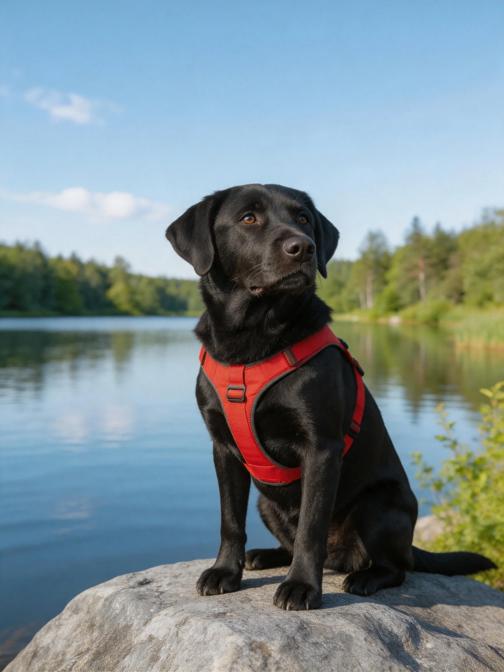 Black dog inred harness sits on rock by calm lake