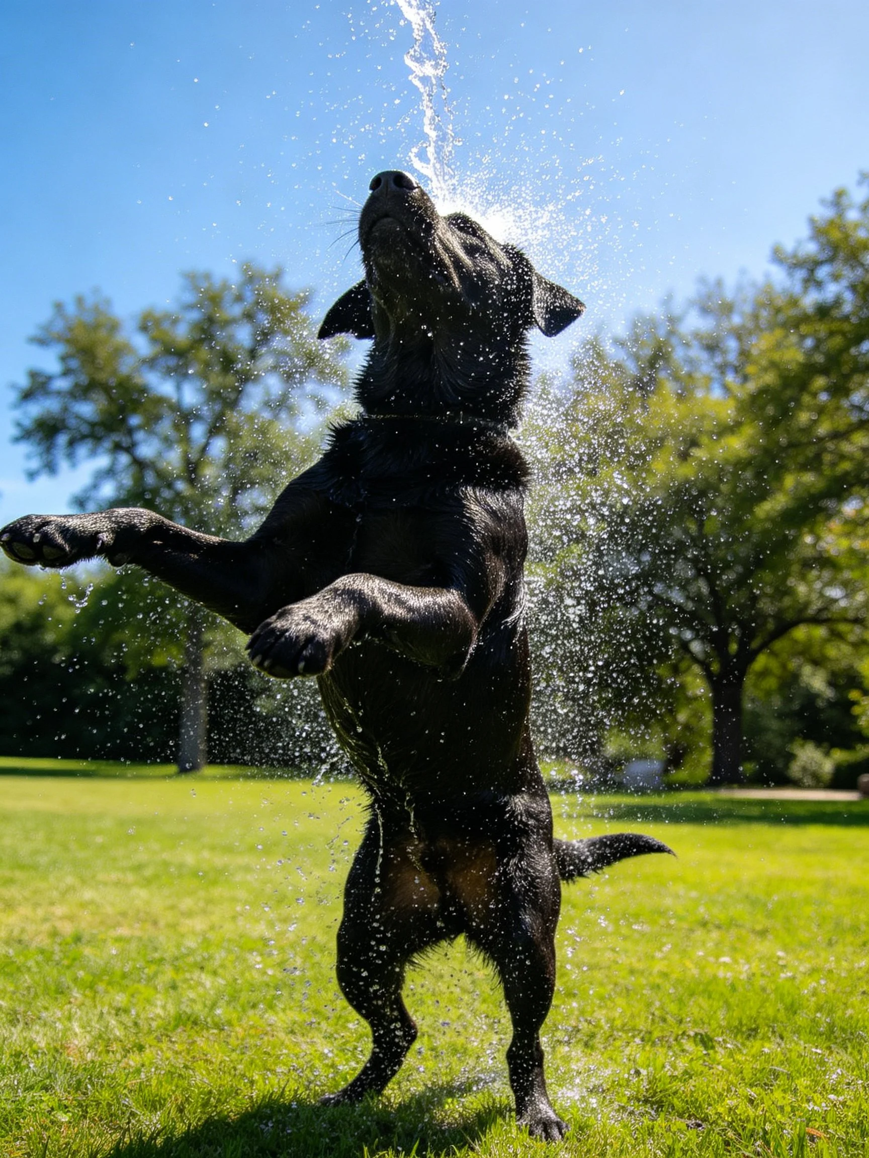 Black dog leaps into water spray on sunny lawn