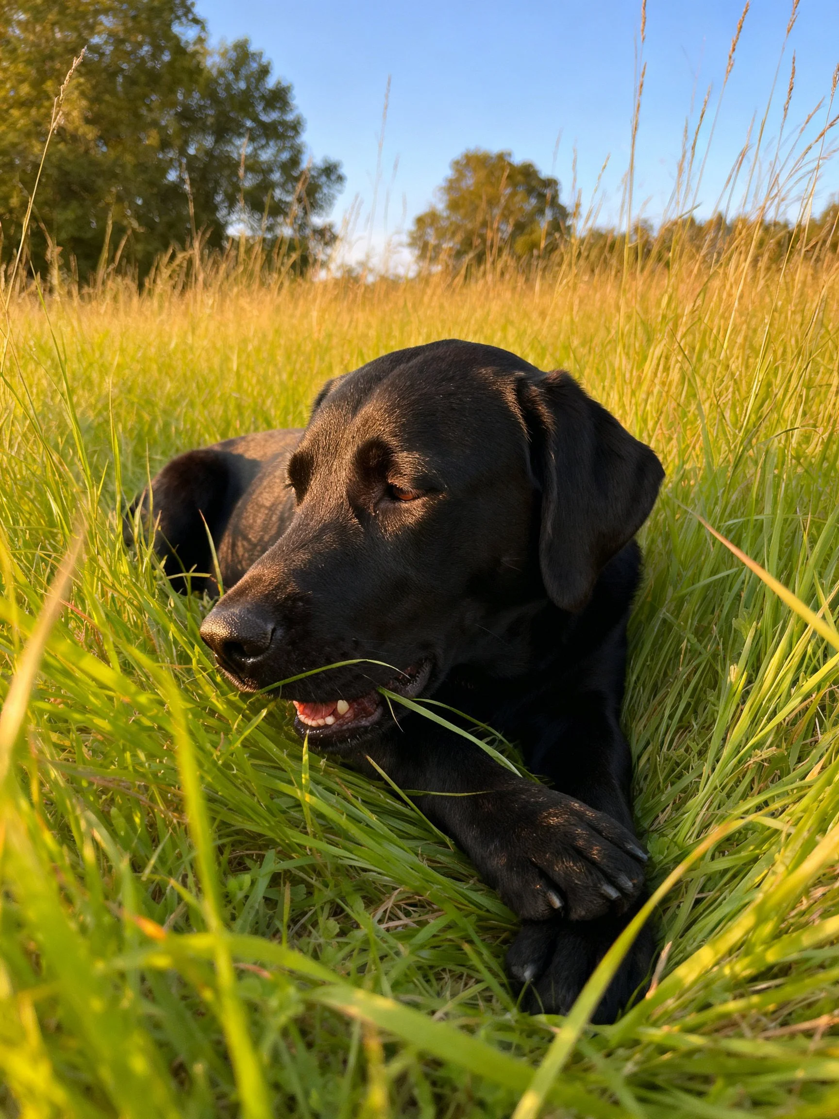 Black dog lounging in tall green grass with trees behind
