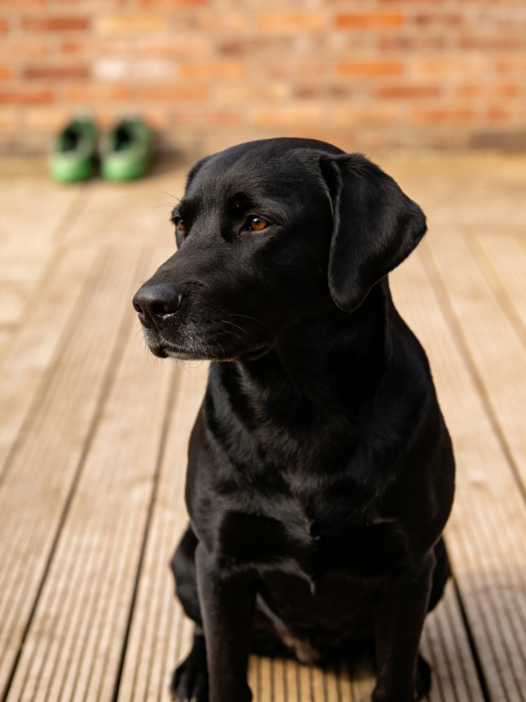 Black dog on wooden deck near green shoes and brick wall