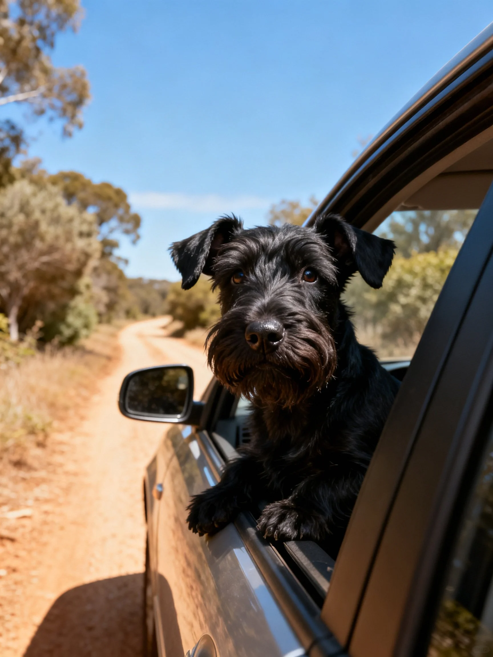 Black dog peers out car window on sunny dirt road