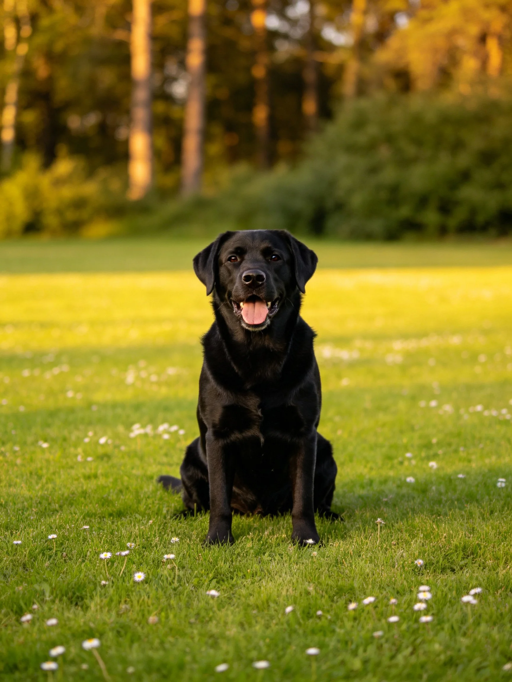 Black dog sits on grassy field with white flowers and trees