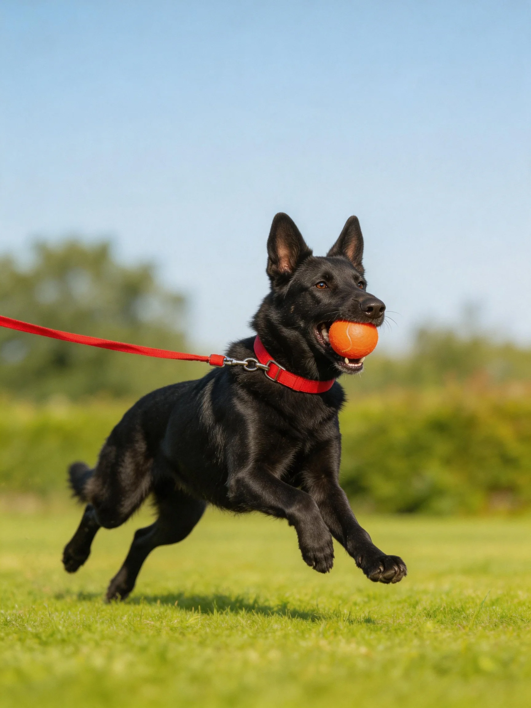 Black dog sprints with orange ball on grassy field