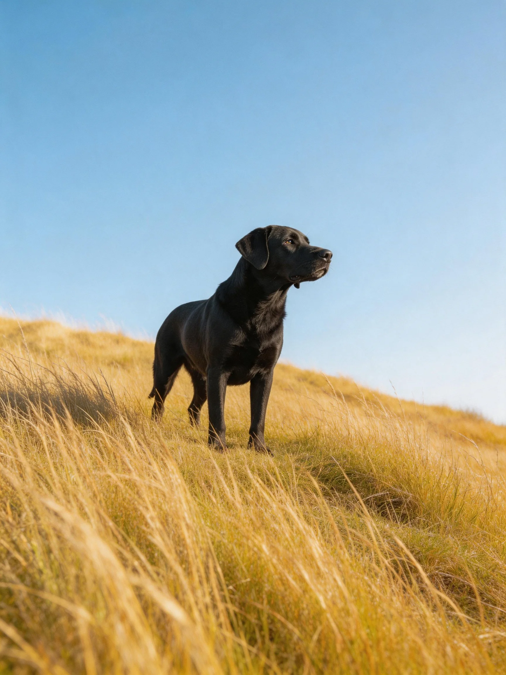 Black dog standing on golden grassy hillside beneath clear blue sky