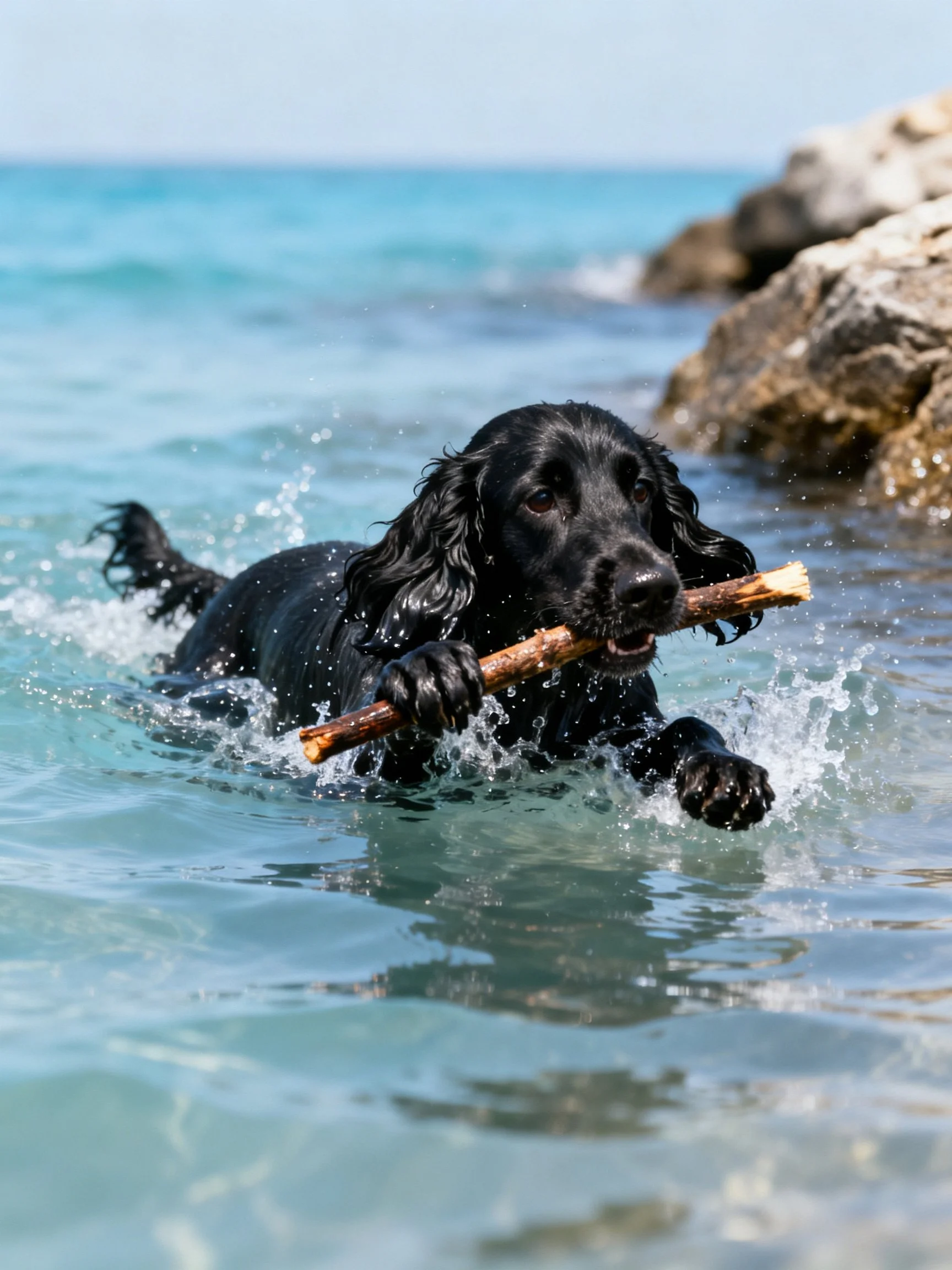 Black dog swimming in turquoise water with a wooden stick