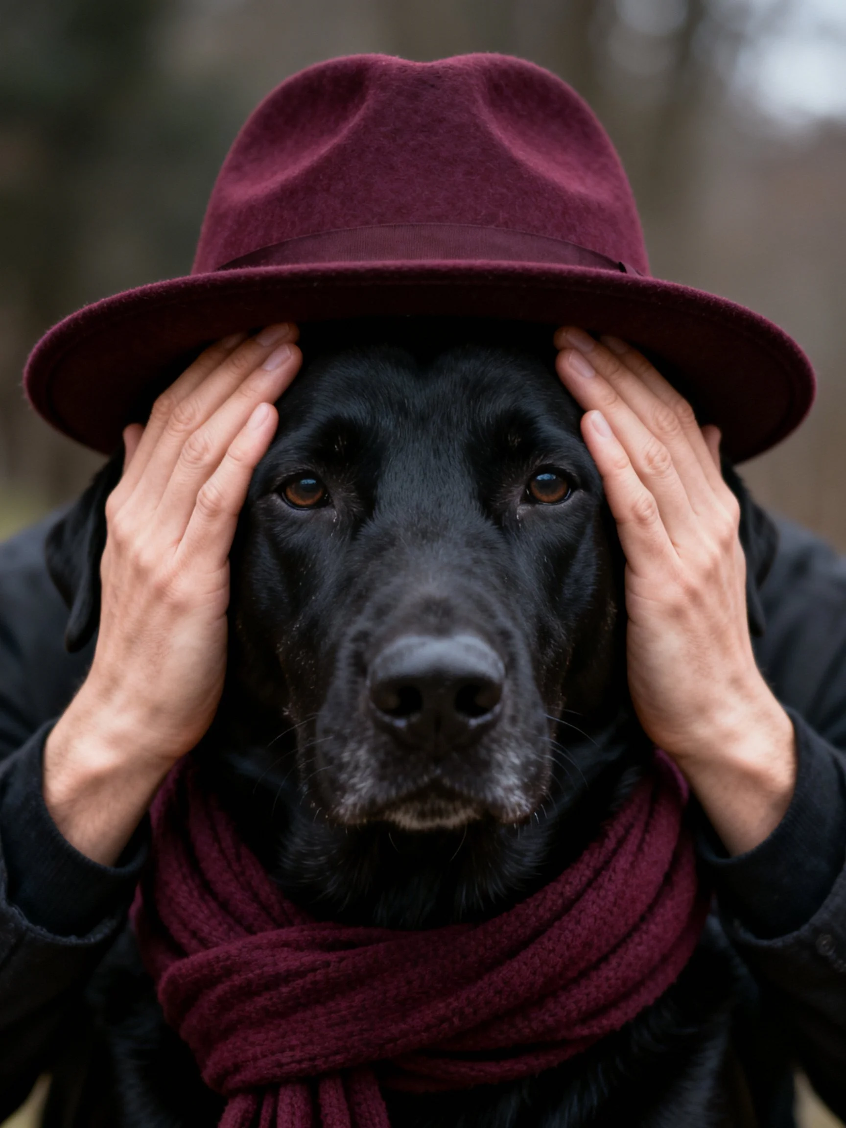 Black dog wearing burgundy hat with hands adjusting