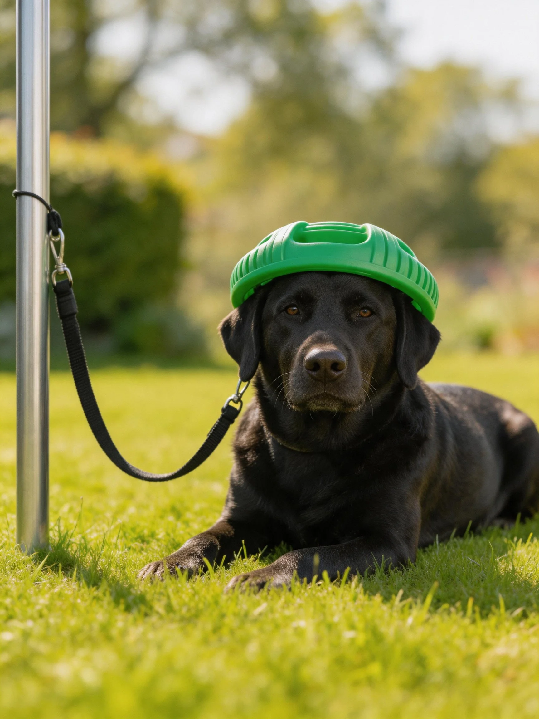 Black dog wearing green headpiece relaxes on grass near metal pole