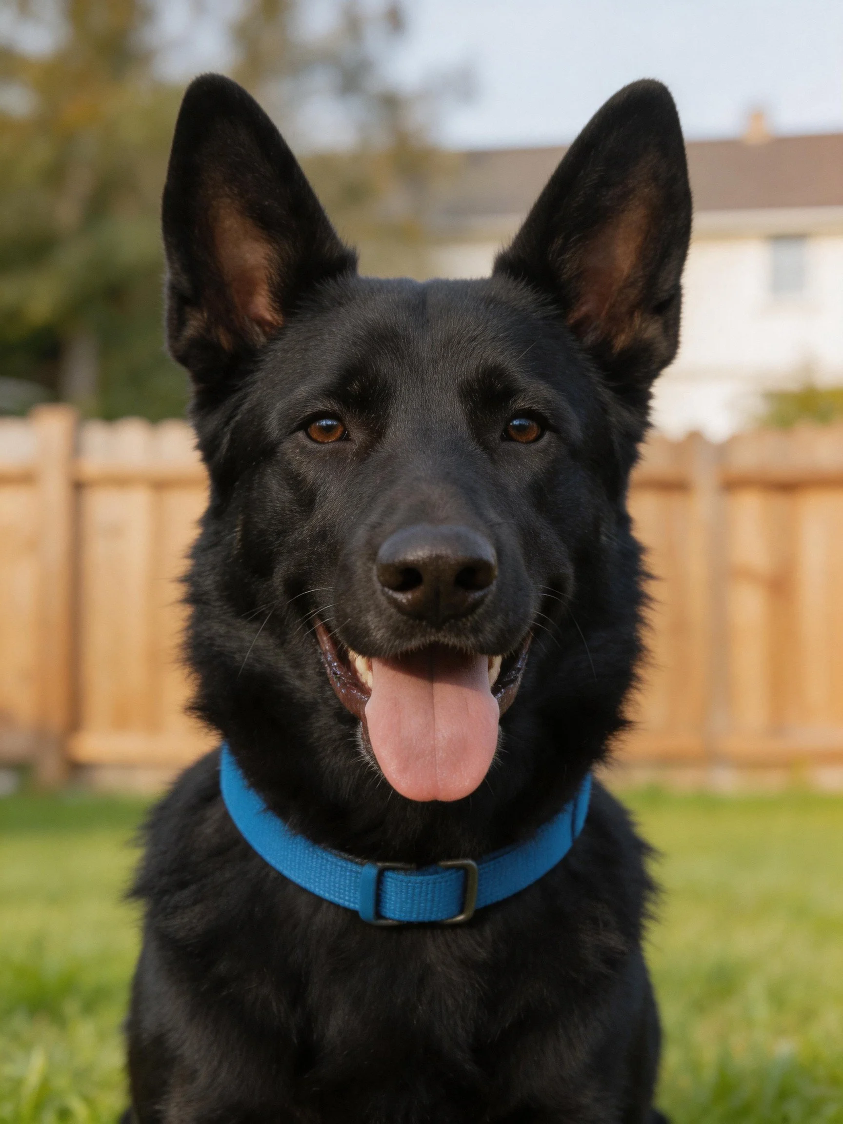 Black dog with blue collar in backyard near wooden fence
