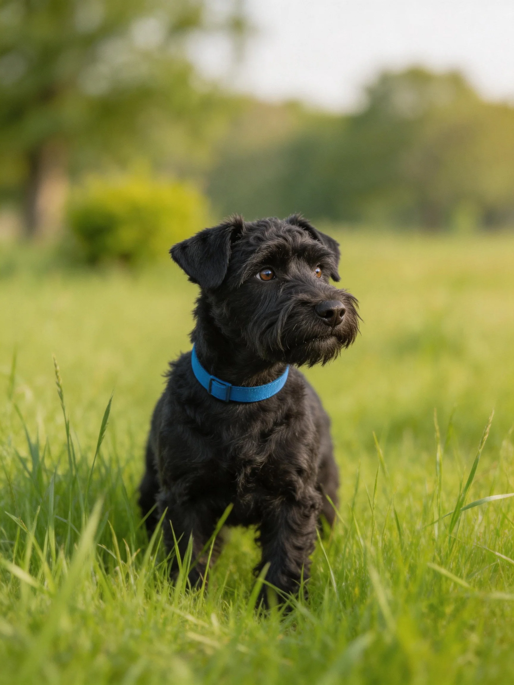A black dog with a blue collar stands among tall green grass.